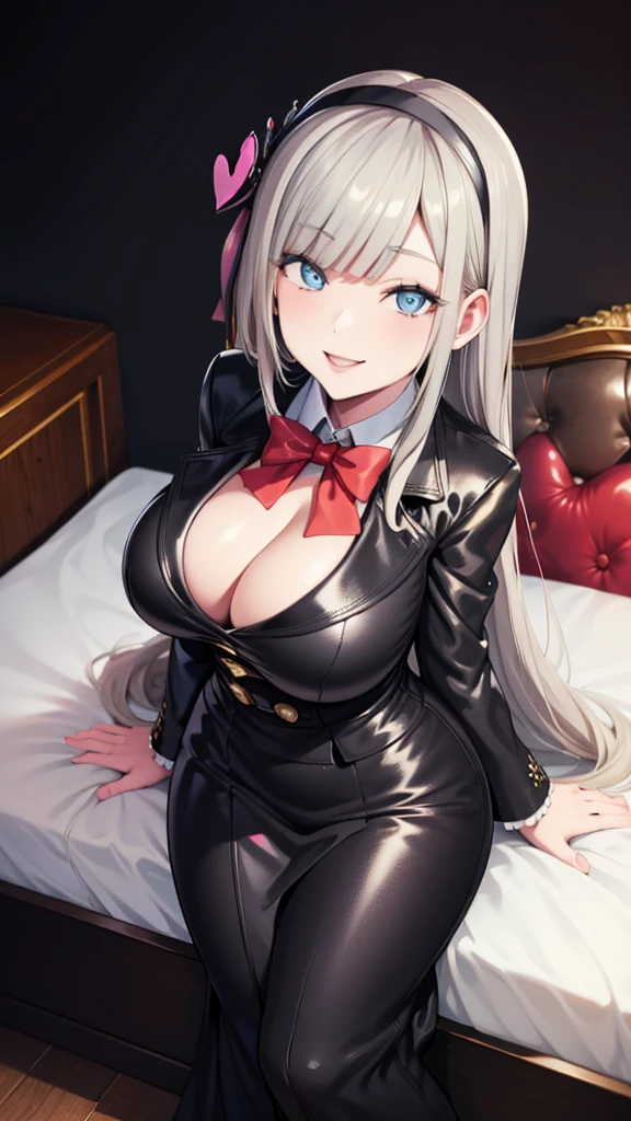 Erotic Tall, big-breasted adult wife school uniform blazer Dress shirt Bedroom with hearts on a black background Dark theme Evil depravity Temptation Excitement Condescending smile Sexy pose Emphasis on upper body Looking up