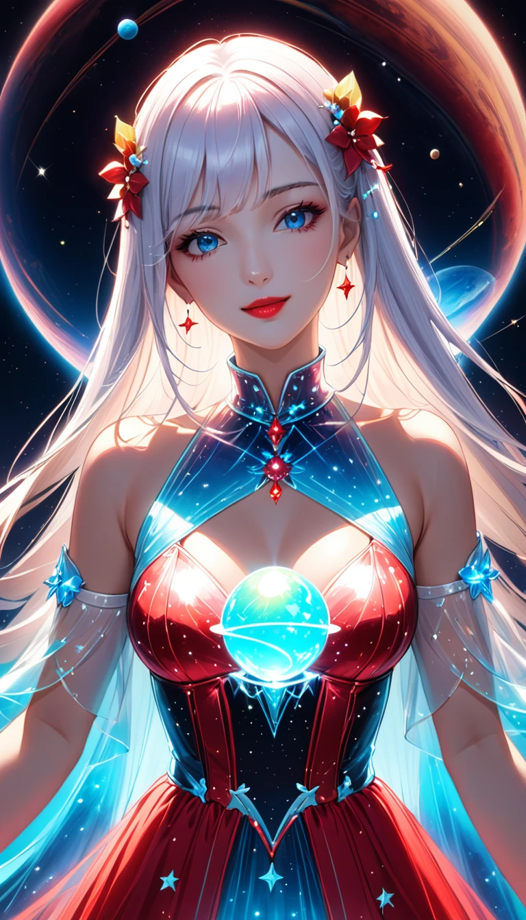 1girl,solo,portrait display,long hair, looking at viewer, smile, blue eyes, hair ornament, white background, jewelry, white hair, closed mouth,red lips,bioluminescent dress,looking below,Planet,giantess,jvdaniang,planet size,outer space,floating,Upper Body