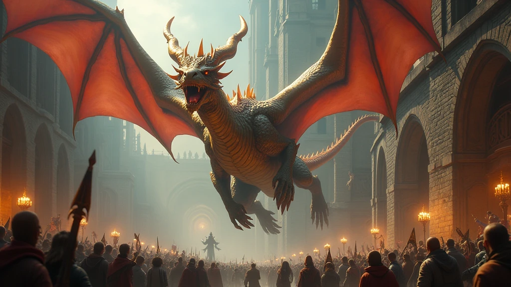 there is a large dragon with a long tail flying over a crowだ of people, dungeon and dragons art, dungeons and dragons fantasy art, hyperrealistic だ & だ fantasy art, Amazing! & だ art, battle with dragon, charging through a dragons lair, epic dragon, epic fantasy illustration, Epic fantasy art, epic fantasy card game art, d & d fantasy digital art