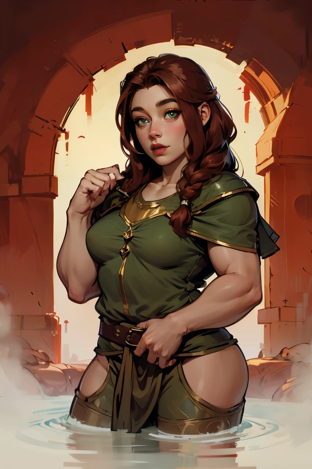 Small muscular woman with brown hair sitting. Fantasy. DnD.