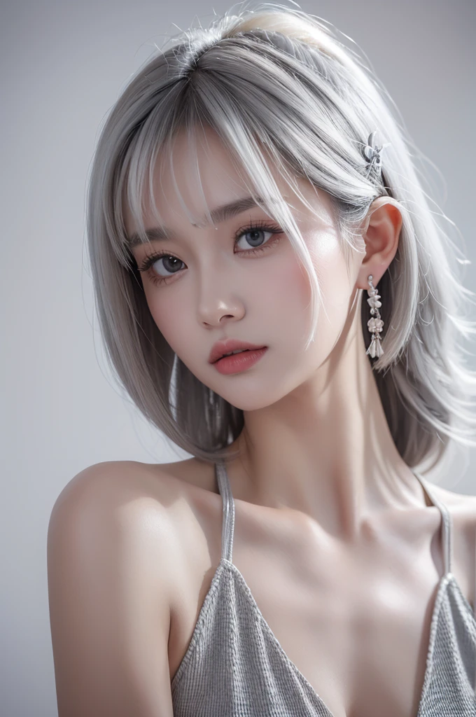 very detailed,best quality,masterpiece,highres,original,very,jingliu,1girl,solo,long hair,white background,closed mouth,simple background,bangs,earrings,jewellery,bare shoulders,bronya zaychik,white hair , hair between the eyes, eye patch with the name "CHIMA", steel, gray hair, hair ornament, dress, looking at the audience, mask