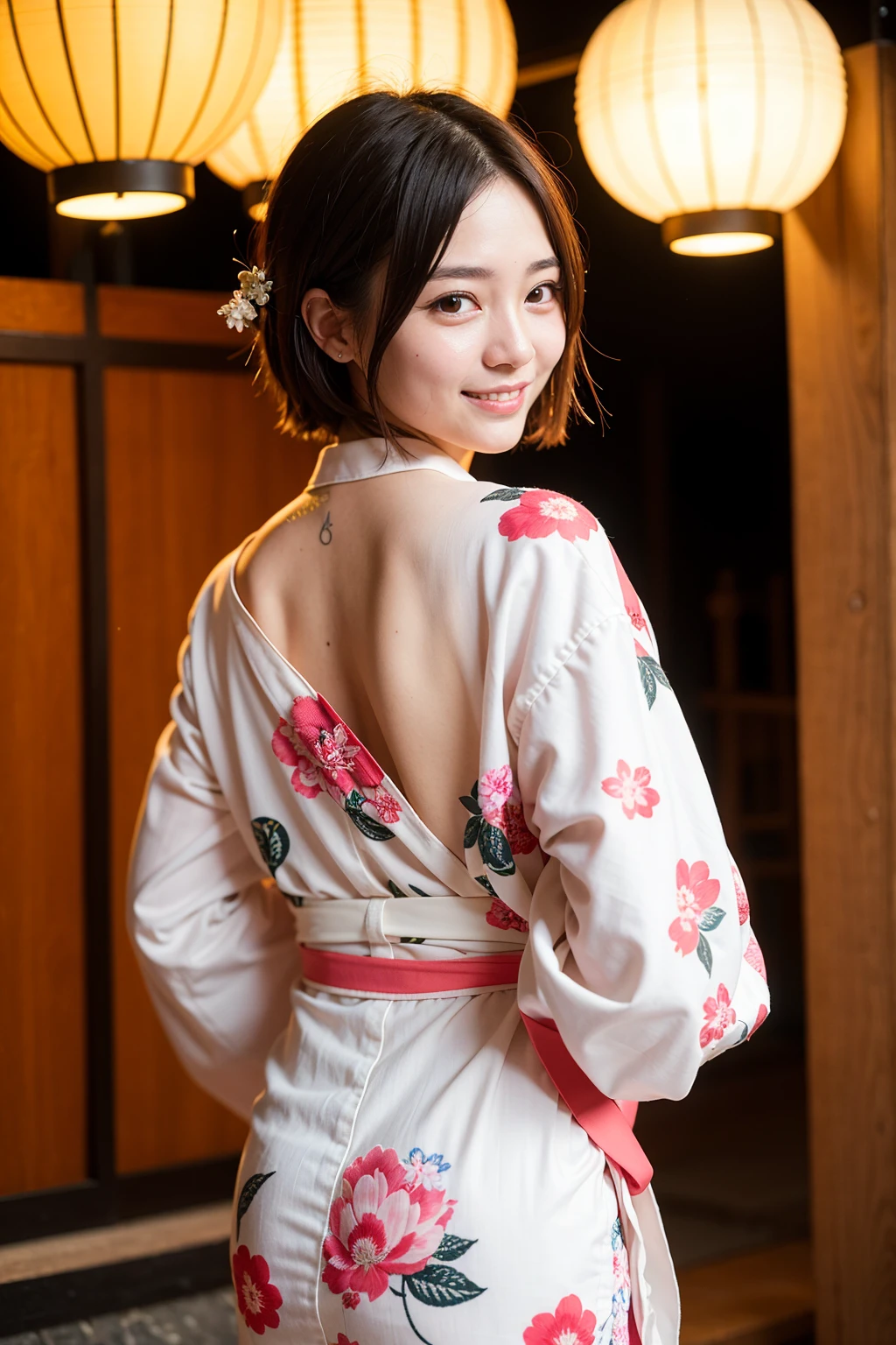 Best-quality, Masterpiece, Ultra-High-Resolution, (Photorealistic:1.4), Raw-Photo, 1girl, the most famous Japanese idol, wearing Japanese-KIMONO, upturned ass that wearing Japanese-KIMONO, looking at viewer, innocent-smile, the most cute face, the most beautiful big-eyes, the most beautiful hair, the most beautiful skins, the most beautiful long-eyelashes, the most beautiful lips, the most beautiful hip