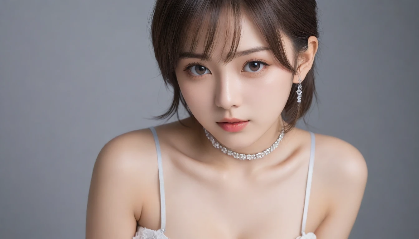 8k, Ultra-high resolution, Highest quality, masterpiece, 三分割法によるphotograph,Surreal, photograph, 1 Girl, (16 years old:1.3), pretty girl, Cute Face, 細部までBeautiful Eyes, 細かくdetailedに,masterpiece,One Girl:1.2,Japanese female announcer,extream close up,blank expression,Black Hair,Side undercut,Super Beautiful Girl 4,((1 girl:1.4)),Shine, Natural skin texture、(Stylish clothes:1.4)、(Sexy Costumes:1.4)、(Beautiful breastsを強調する衣装:1.4)、Attractive girl、16 years old、(Perfect female body:1.4)、(女の子のポートレートphotograph:1.4)、(Photorealistic images:1.4),Fantasy art,(Beautiful Face:1.4)、Beautiful breasts,Beautiful and attractive eyes、Beautiful Eyes、(Tight waist:1.4)、(9 Beautiful girls with perfect body proportions:1.4),Red lips,(choker:1.4、necklace:1.4、Earrings:1.4),Looking at the audience,(((Ideal body type))),A-cup small breasts :2,、Portraiture:2、Perfect Anatomy、鮮明なdetailed、detailed,Fashion magazine cover,Thin lips,Gray background ,完璧でBeautiful Face ,完璧でCute Face, Skin with attention to detail, Perfect limbs、Narrow waist,Looking at the audience,(((Ideal body type))),A cup small breasts :2,Portraiture:2,Perfect Anatomy,鮮明なdetailed,detailed,Surreal,Light and shadow,spotlight