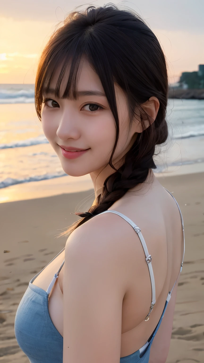 (RAW Photos, Highest quality), (Realistic, Photorealistic:1.3), masterpiece, Very delicate and beautiful, Soft Light, Beautiful detailed girl, 1 girl, Japanese, Pure beauty, cute, young, smile, Beach,sexy, back