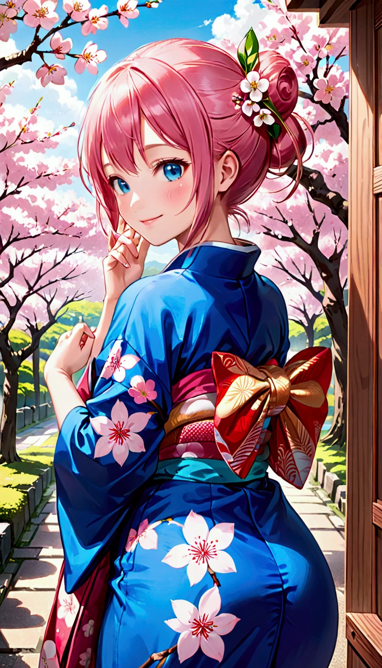 (work of art, best qualityer:1.2), ass pov, focus only, trunk, 1 girl, hand on someone else&#39;s cheek, ssmile, pink  hair, blue colored eyes, Japanese clothing, kimono, cherry trees