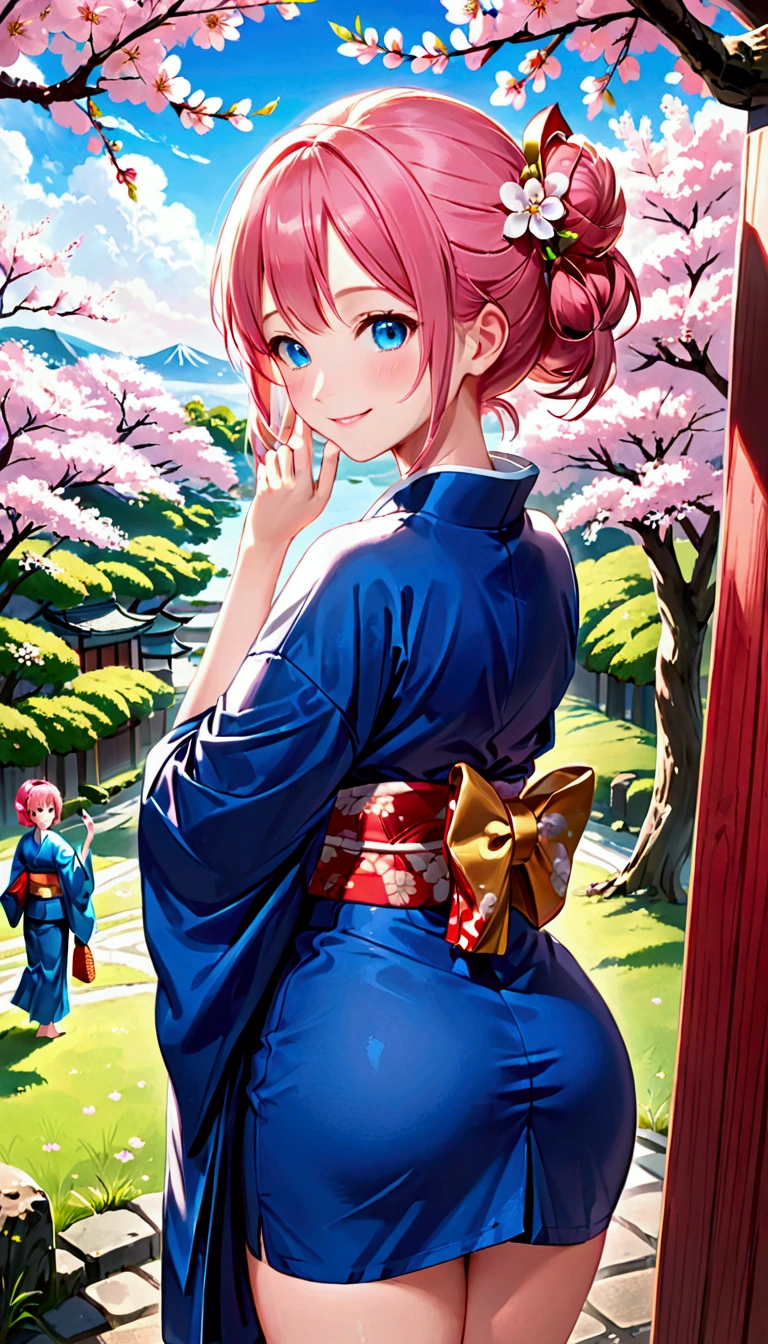 (work of art, best qualityer:1.2), ass pov, focus only, trunk, 1 girl, hand on someone else&#39;s cheek, ssmile, pink  hair, blue colored eyes, Japanese clothing, kimono, cherry trees