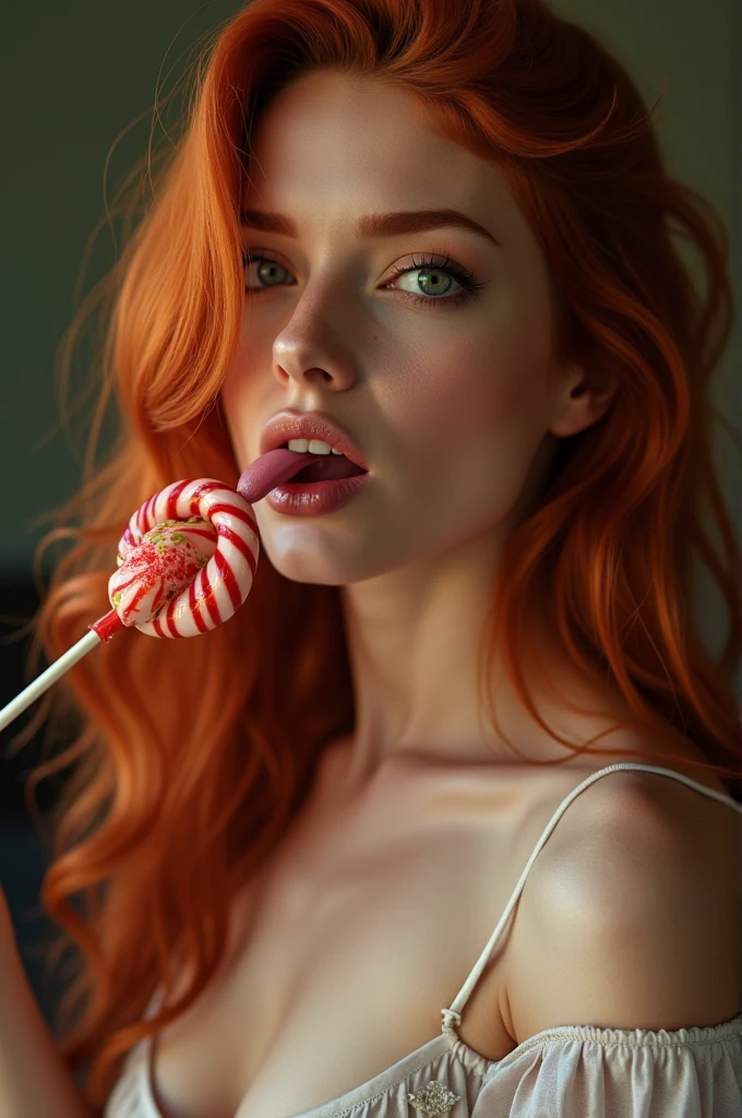 ultra realistic, photography, portrait, upper torso, red haired girl, 20 years old, hourglass figure, perfect body, supermodel, long legs, her wet tongue licking a long spiral lollipop, seductive look, long eyelashes
