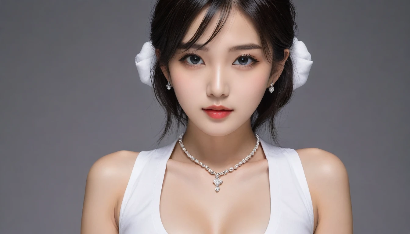 8k, Ultra-high resolution, Highest quality, masterpiece, 三分割法によるphotograph,Surreal, photograph, 1 Girl, (:1.3), pretty girl, Cute Face, 細部までBeautiful Eyes, 細かくdetailedに,masterpiece,One Girl:1.2,Japanese female announcer,extream close up,blank expression,Black Hair,Side undercut,Super Beautiful Girl 4,((1 girl:1.4)),Shine, Natural skin texture、(Stylish clothes:1.4)、(Sexy Costumes:1.4)、(Beautiful breastsを強調する衣装:1.4)、Attractive girl、16 years oldmale body:1.4)、(女の子のポートレートphotograph:1.4Photorealistic images:1.4),Fantasy art,(Beautiful Face:1.4)、Beautiful breasts,Beautiful and attractive eyes、Beautiful Eyes、(Tight waist:1.4)、(9 Beautiful girls with perfect body proportions:1.4),Red lips,(choker:1.4、necklace:1.4、Earrings:1.4),Looking at the audience,(((Ideal body type))),A-cup small breasts :2,、Portraiture:2、Perfect Anatomy、鮮明なdetailed、detailed,Fashion magazine cover,Thin lips,Gray background ,完璧でBeautiful Face ,完璧でCute Face, Skin with attention to detail, Perfect limbs、Narrow waist,Looking at the audience,(((Ideal body type))),A cup small breasts :2,Portraiture:2,Perfect Anatomy,鮮明なdetailed,detailed,Surreal,Light and shadow,spotlight