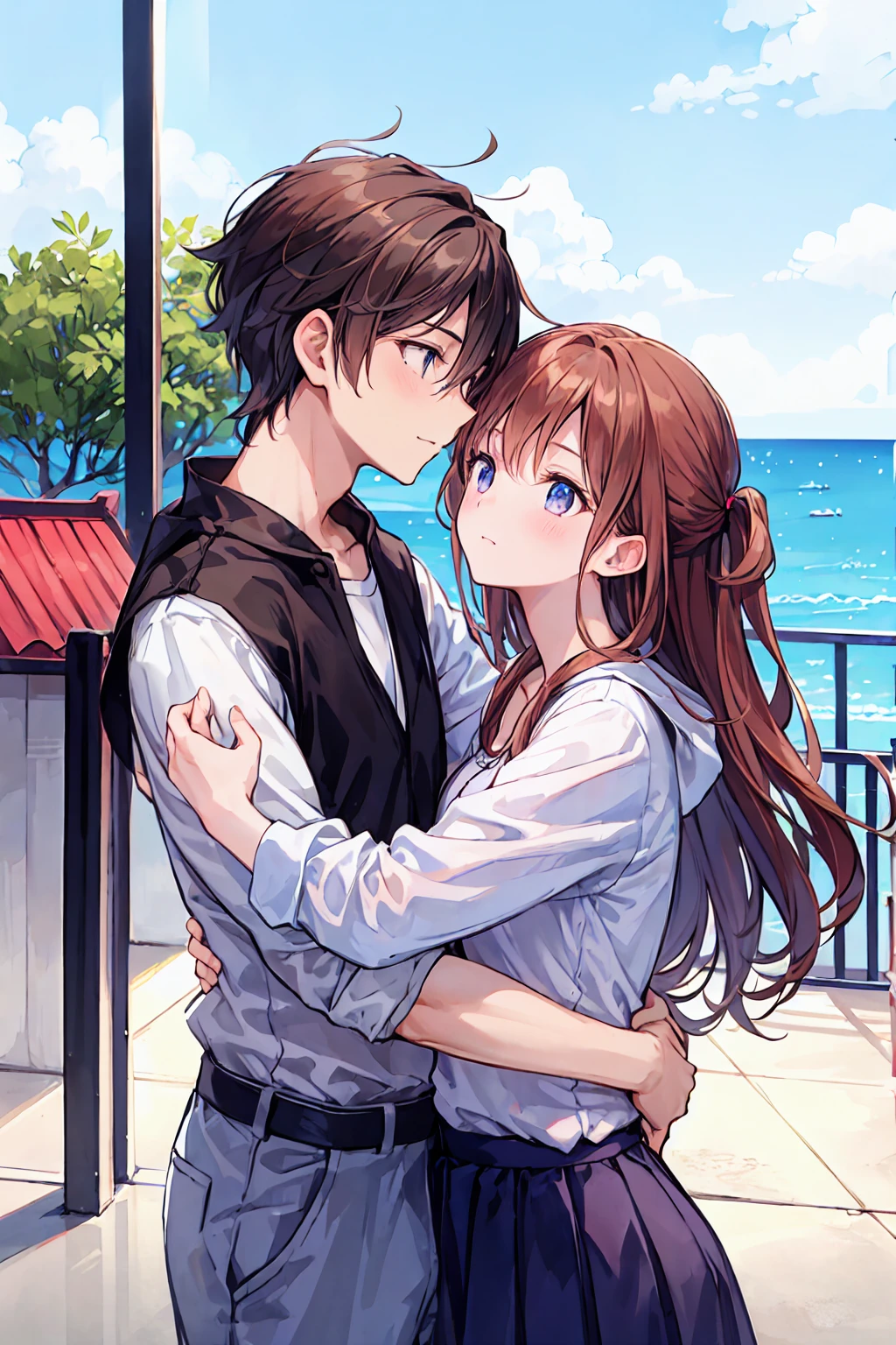 love2people、Couple、men and women,Rooftop,A quick hug,Brown Hair