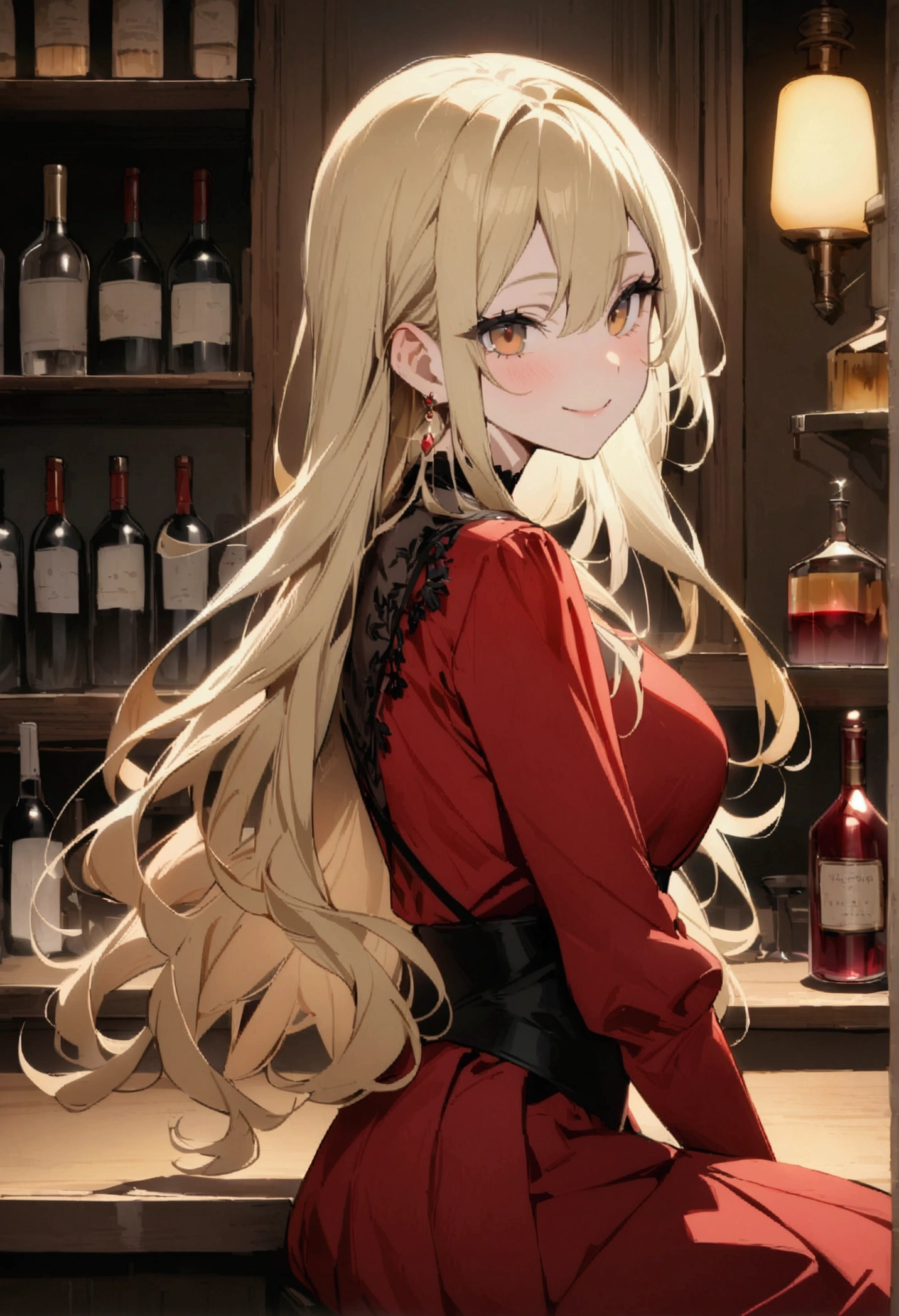 alone, One girl, Terracomali Gundesblood/(The agony of the hikikomari vampire princess々/), masterpiece, Highest quality, so beautiful, slim, Blonde, Bronze Eyes, Long Hair, Red dress, smile, View your viewers, From the side, Sitting, wine glass, Have, machine, bar counter, hair ornaments,summary,Carboy Shot,From the side,so beautiful,masterpiece,Highest quality,Official Art,