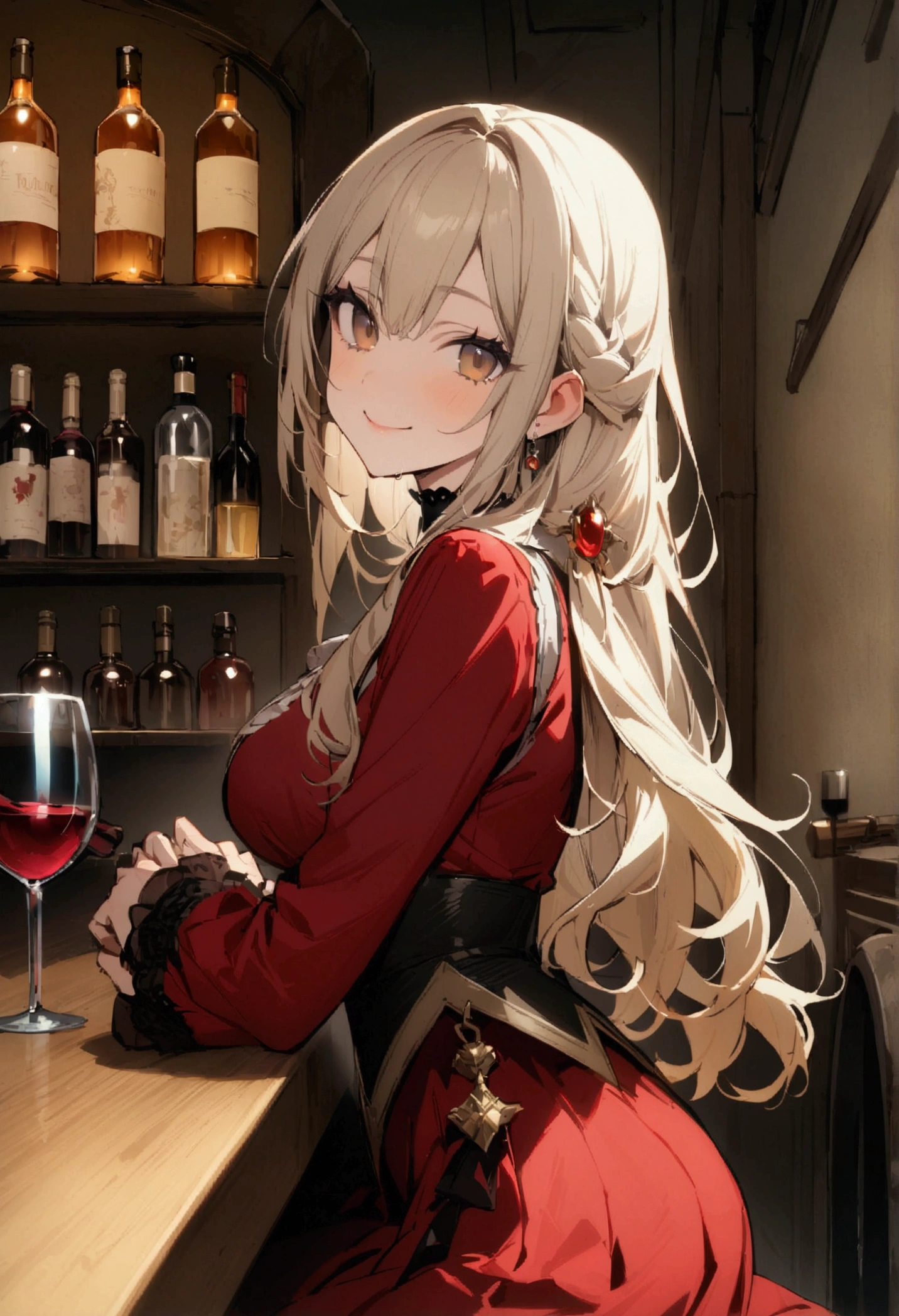 alone, One girl, Terracomali Gundesblood/(The agony of the hikikomari vampire princess々/), masterpiece, Highest quality, so beautiful, slim, Blonde, Bronze Eyes, Long Hair, Red dress, smile, View your viewers, From the side, Sitting, wine glass, Have, machine, bar counter,Carboy Shot,From the side,so beautiful,masterpiece,Highest quality,Official Art,