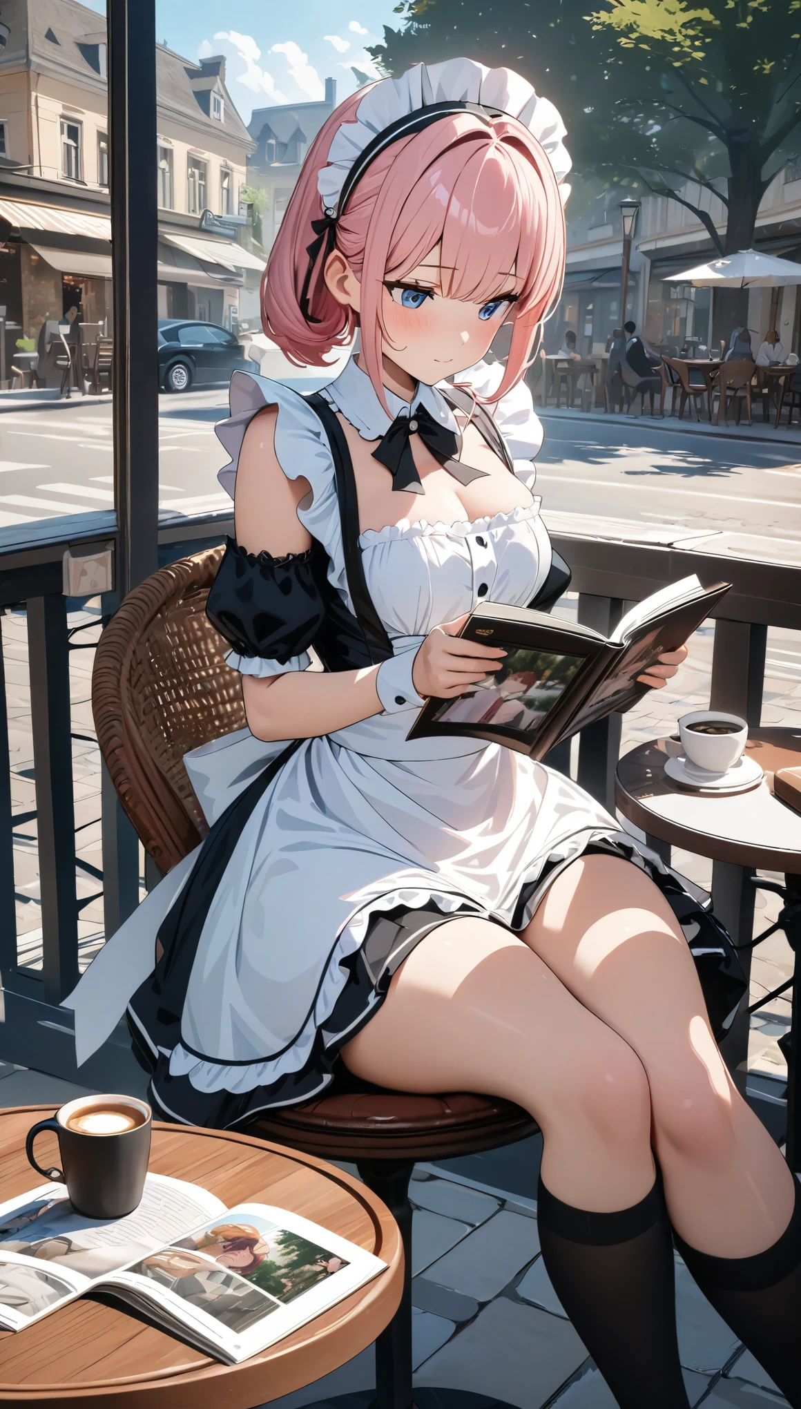 (((Best quality, 8k, Masterpiece: 1.3)), ((best quality)), ((masterpiece)), (detailed), perfect face, A maid girl with short pink hair, A maid costume with frills, high resolution, Textured skin, anime style, Reading a Photo album on the open terrace of a cafe, a coffee cup is placed on a white round table, reading a Photo album, Legs crossed, Knee-high socks