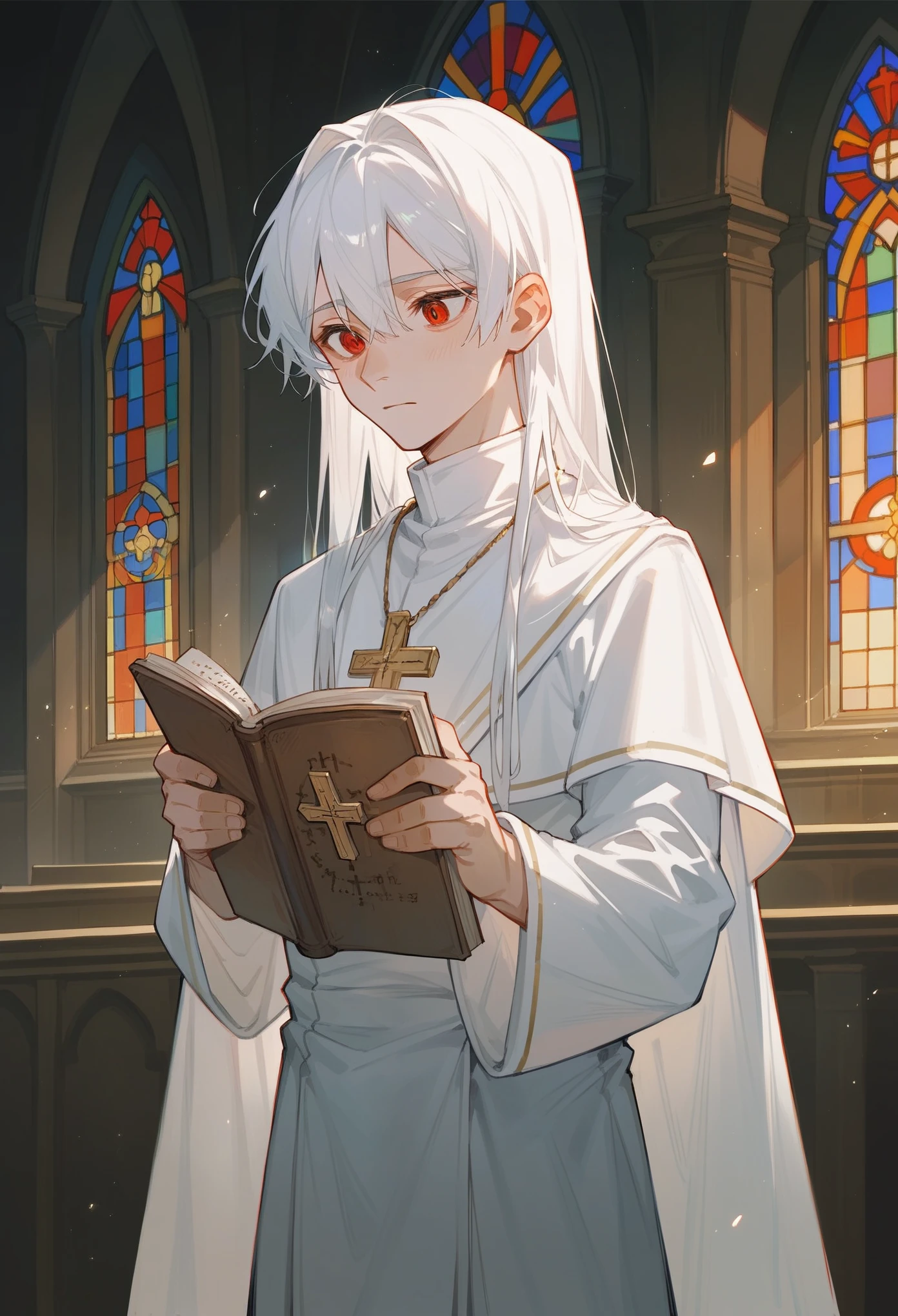 A priest has long white hair, with two bangs. He has red eyes and wears a typical priest's outfit. He is a young man, holding a bible, standing in church.