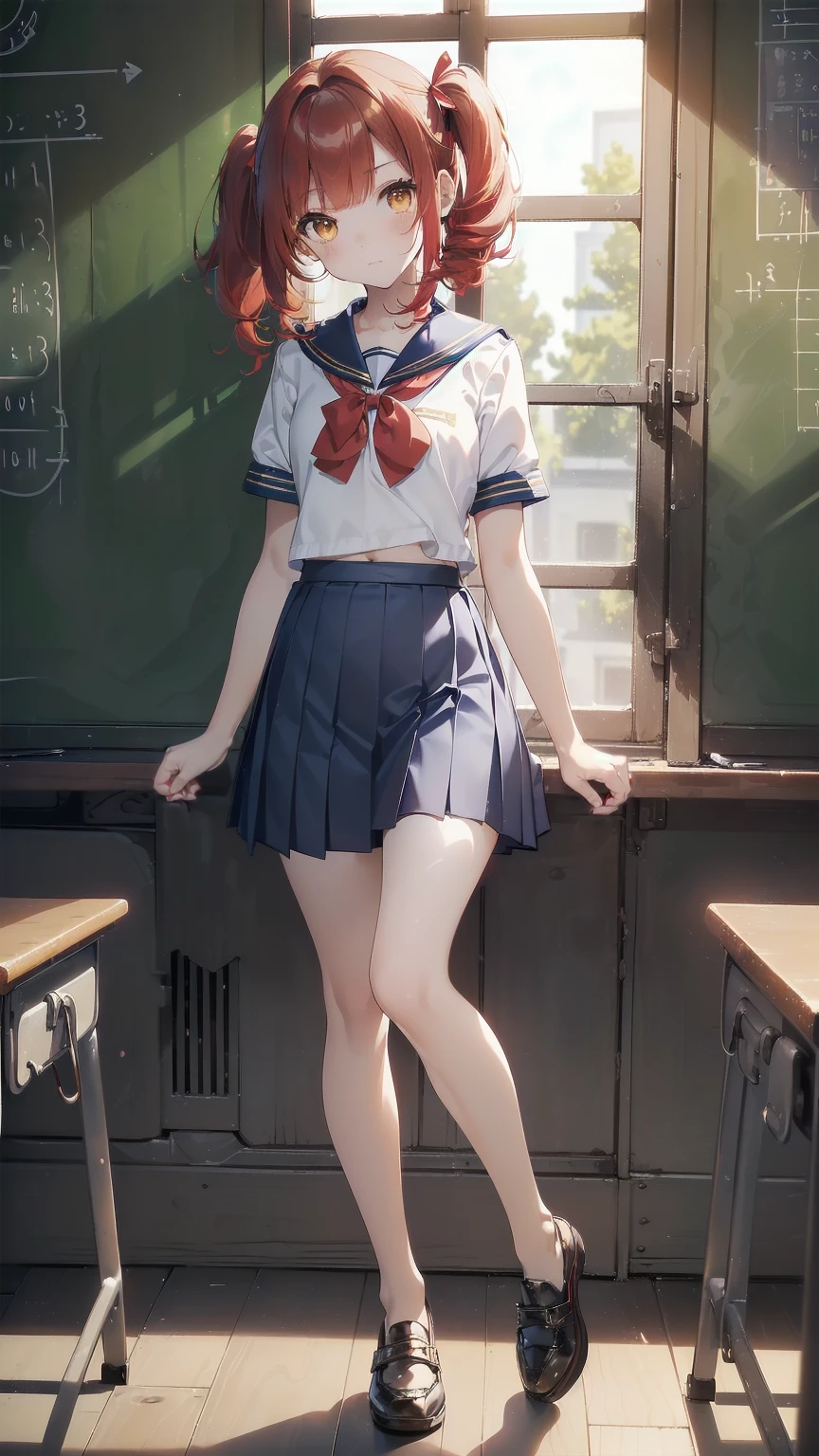 ((top quality, ultra-detailed, high resolution, extremely detailed CG, unity 8k wallpaper, by famous artist, perfect anatomy, super detailed skin, cinematic lighting, UHD, retina, anatomically correct, 1080P)), (Please draw a single one happy girl walking in a classroom school :1.3), ((1girl)), (Solo, face,-yeld:2. a junior hipetit girl, chibi, babyface)) androgynous charm, (Medium hair, ((full red hair)) ((redhead)), pigtails, straight bangs, with a bow in her hair, ((very thin legs)), ((skinny legs, thin body, small build)), Full limbs, complete fingers, ((perfect fingers and hands)), flat chest, small breasts, childish body, small butt, groin, Beautiful detailed full yellow gold eyes, perfect eyes, sailor school uniform, ((blue skirt)) and white blouse, ((red bow on the blouse)), blue sailor collar, short sleeves, without stockings, (Detailed Lighting), ((classroom background)), (Detailed scenary background), ((in the school zone)), full body view, ((standing)), legs. Cute, kawaii single girl (one girl), full body shot. ((Background is the school)), front body, ((left hand up, right hand down)), ((little young 13 years old body:1.3)