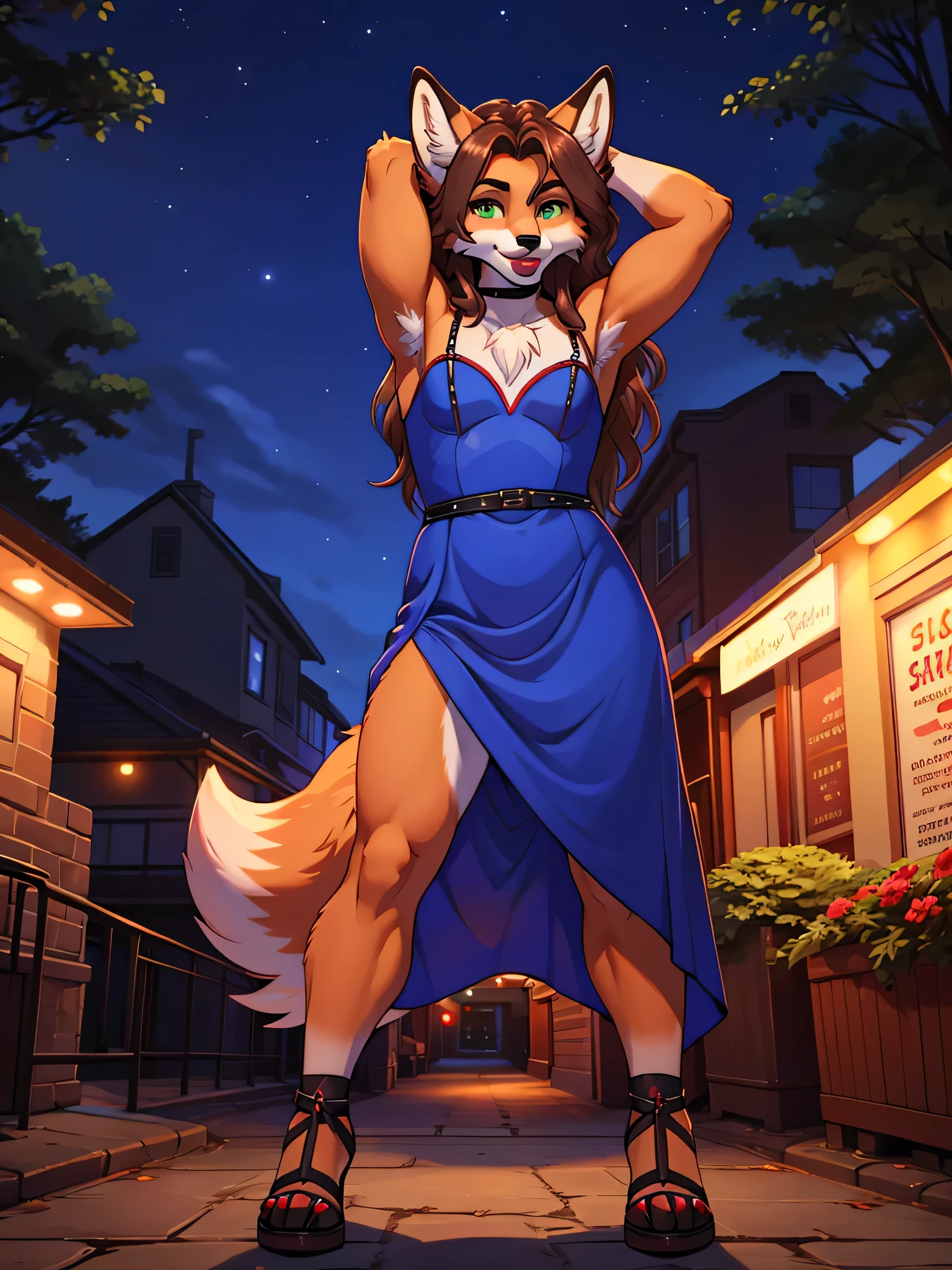 Best quality, furry male fox with green eyes, with brown long hair, with black spout, with red lipstick on lips, big lips, in a blue dress, crossdressing, sexy pose, shows hairy armpits, standing against the backdrop of a night park