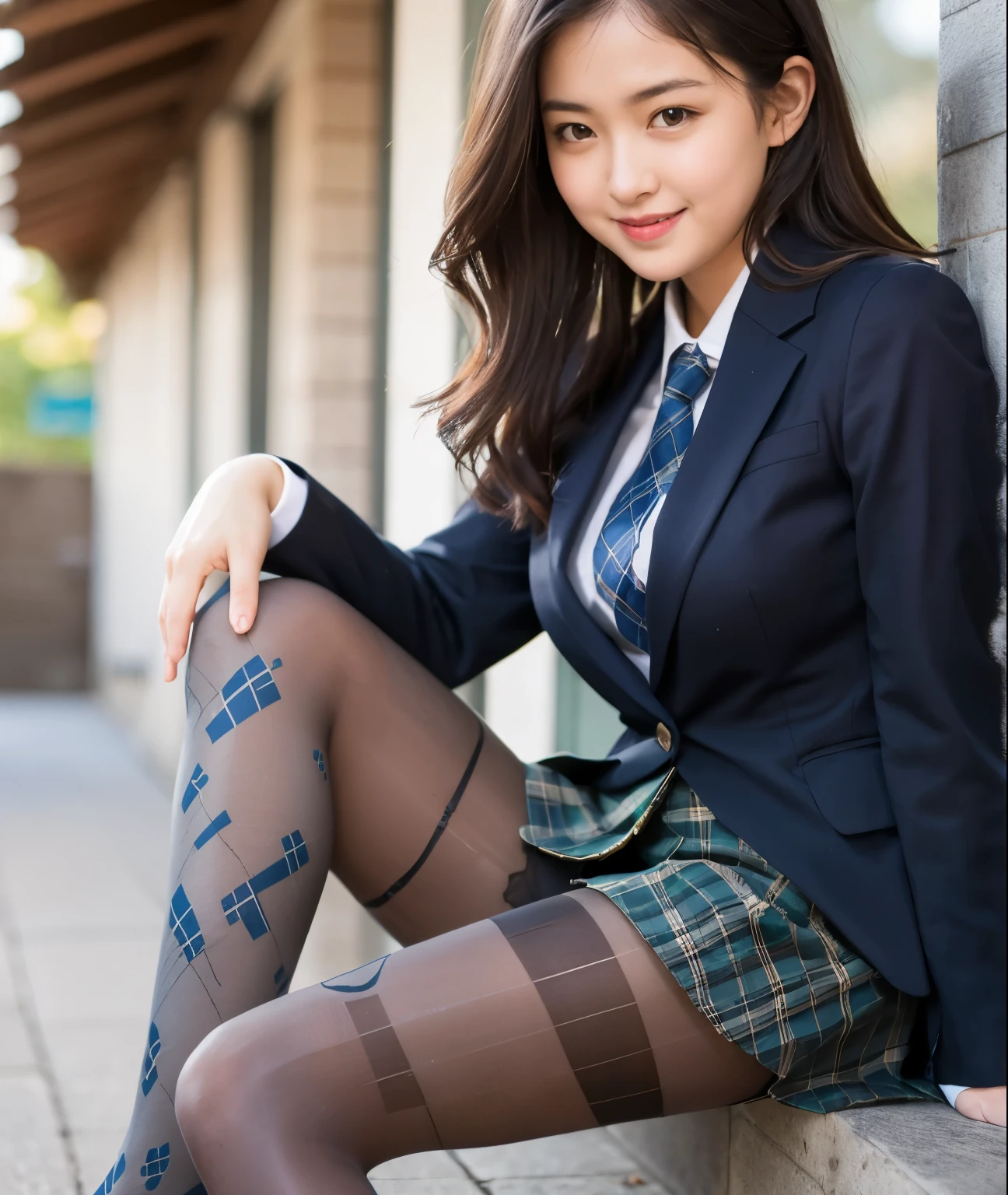 (8k), (Highest quality: 1.2), (Realistic), (Realistic: 1.37), Ultra-high resolution, (1 girl), cute, smile, Mouth closed, Beautiful details, Beautiful Nose, Wet Hair, Two giant cells, pork, Thighs，Self Snap,university student ,A simple navy blue blazer,Pleated skirt,(The skirt and tie are gray tartan check pattern.......:1.3),(Sheet:1), Sit on the floor,(Hold my feet:1),(Patterned black pantyhose:1.3),in front,knees,