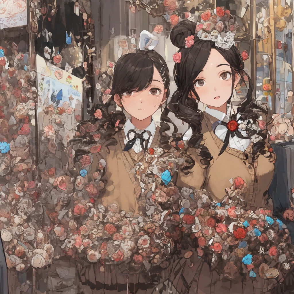 Brownish black hair, Iris, Fair skin, Face like goose eggs, Attractive facial features, expensive, Confidence and strength, high school girl, school uniform, Curly Hair, Hair Bun, With hairpin, Red Rose, Blue Butterfly, White Rabbit, signboard, Official Quality, mysterious, Light and shadow, Correct Proportions, aesthetics, The world of sweets