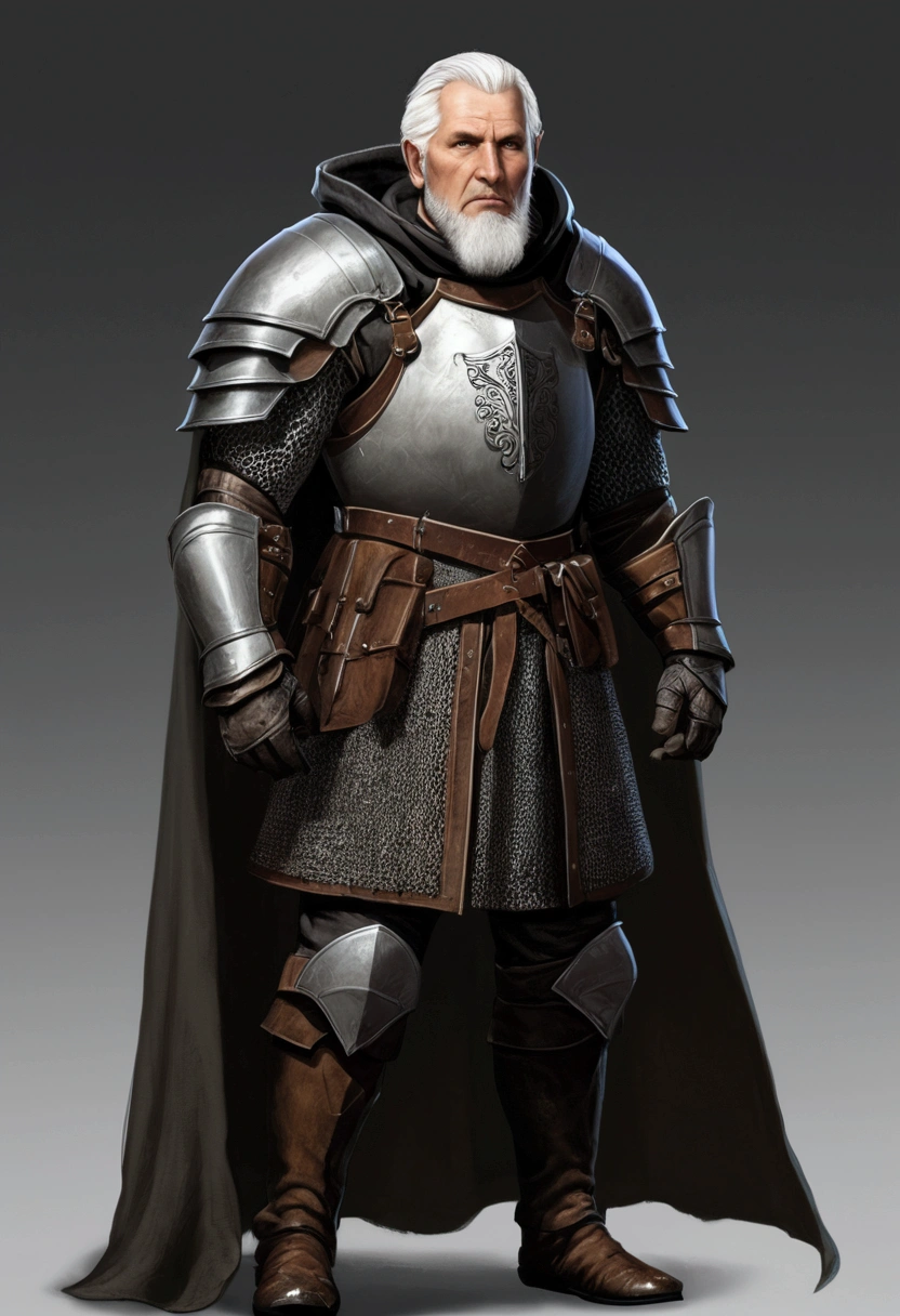Rodrik Cassel is a stout knight with soft flesh under his chin. He has white hair and clean-shaven except for large white sideburns. He is 60 years. He is plainly dressed, wears leather armor and a cheap hooded dark cloak. His clothes are weathered