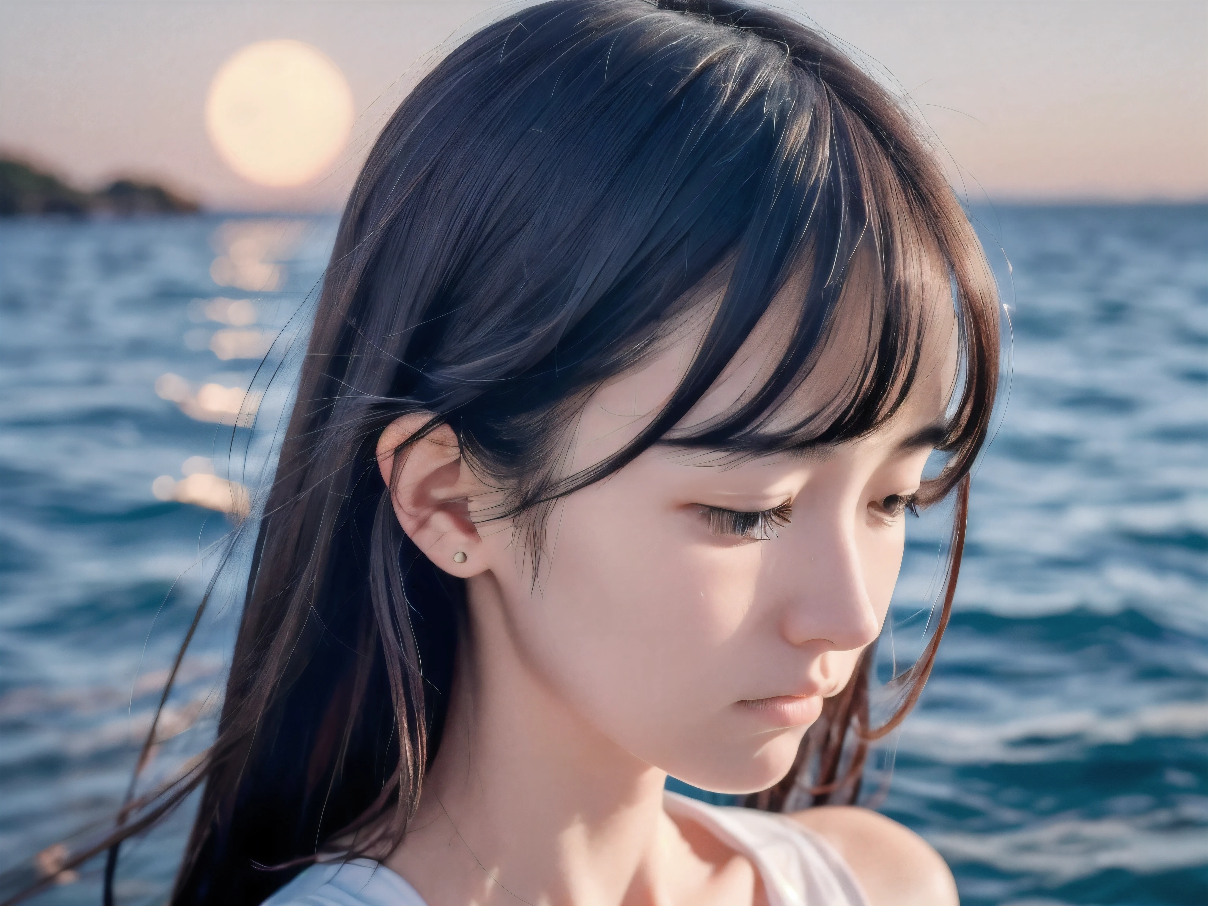 (Close up profile shot of slender small-breasted dark silver long hair with swept bangs girl wearing a white summer dress:1.5)、(One girl is crying face with tears at the cape of the sea in Japan:1.5)、(Beautiful midnight with full moon on the sea:1.5)、(blurred background:1.5)、(Natural light:1.5)、(8k ultra detailed master piece:1.5)、(perfect ???????:1.5)、(Photorealistic stick:1.5)、(Raw photo:1.3)、(highest quality:1.5)、(High resolution:1.3)、(Delicate and beautiful perfect face:1.3)、(Delicate and beautiful eye air skin:1.3)、(Real Human Skin:1.3)、((thin legs))