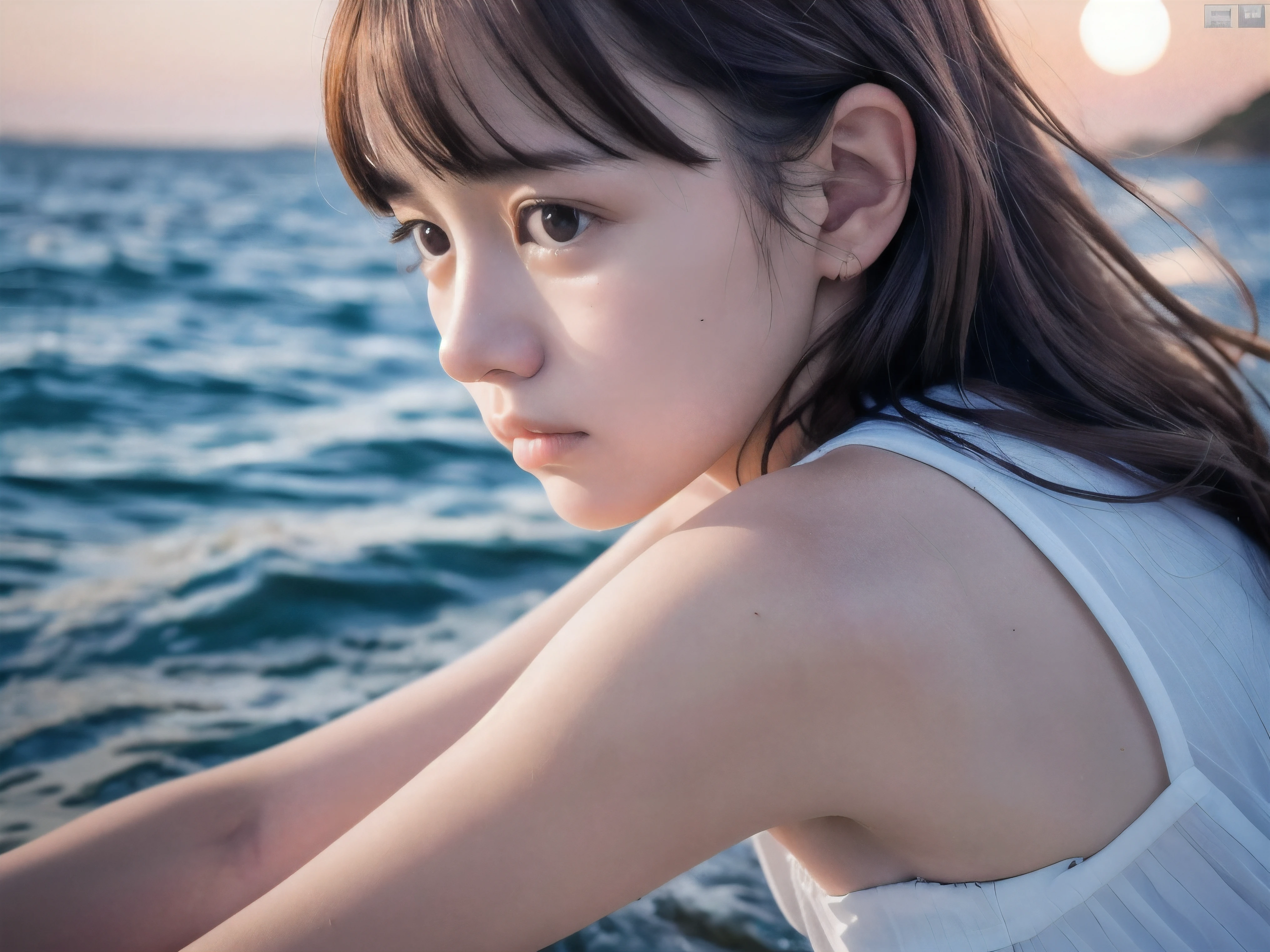 (Close up profile shot of slender small-breasted red brown wavy long hair with dull bangs girl wearing a white summer dress:1.5)、(One girl is crying face with tears at the cape of the sea in Japan:1.5)、(Beautiful midnight with full moon on the sea:1.5)、(blurred background:1.5)、(Natural light:1.5)、(8k ultra detailed master piece:1.5)、(perfect anatomy:1.5)、(Photorealistic stick:1.5)、(Raw photo:1.3)、(highest quality:1.5)、(High resolution:1.3)、(Delicate and beautiful perfect face:1.3)、(Delicate and beautiful eye air skin:1.3)、(Real Human Skin:1.3)、((thin legs))