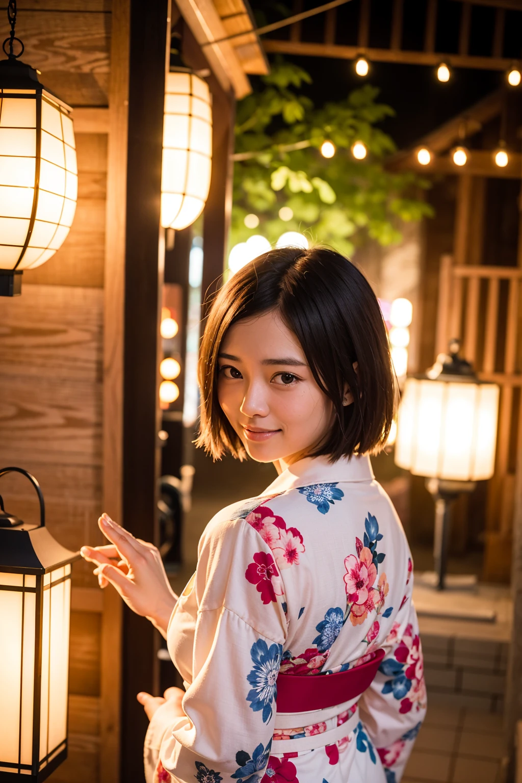 Top quality, A beautiful young woman with very short hair, wearing an elegant yukata adorned with delicate floral patterns. She stands gracefully under a lantern-lit path at a traditional Japanese festival. The soft glow of the lanterns highlights her serene smile and the intricate details of her yukata, creating a captivating and enchanting atmosphere, back pose