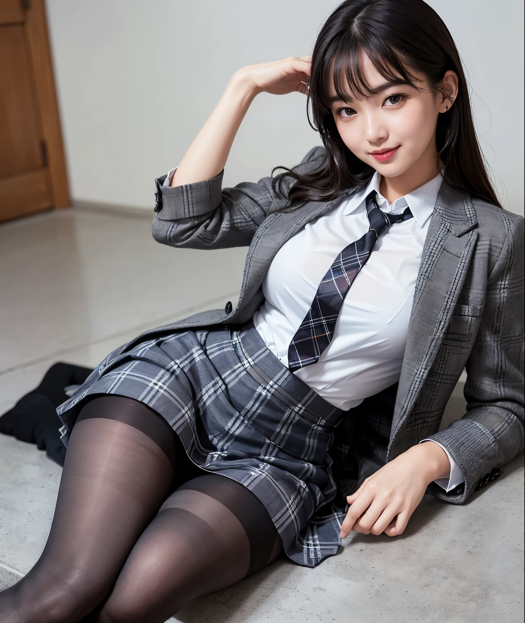 (8k), (Highest quality: 1.2), (Realistic), (Realistic: 1.37), Ultra-high resolution, (1 girl), cute, smile, Mouth closed, Beautiful details, Beautiful Nose, Wet Hair, Two giant cells, pork, Thighs,Self Snap,university student ,A simple navy blue blazer,Pleated skirt,(The skirt and tie are gray tartan check pattern.......:1.3),(Sheet:1), Sit on the floor,(Hold my feet:1),(Black pantyhose with a single pattern:1.3),in front,knees,