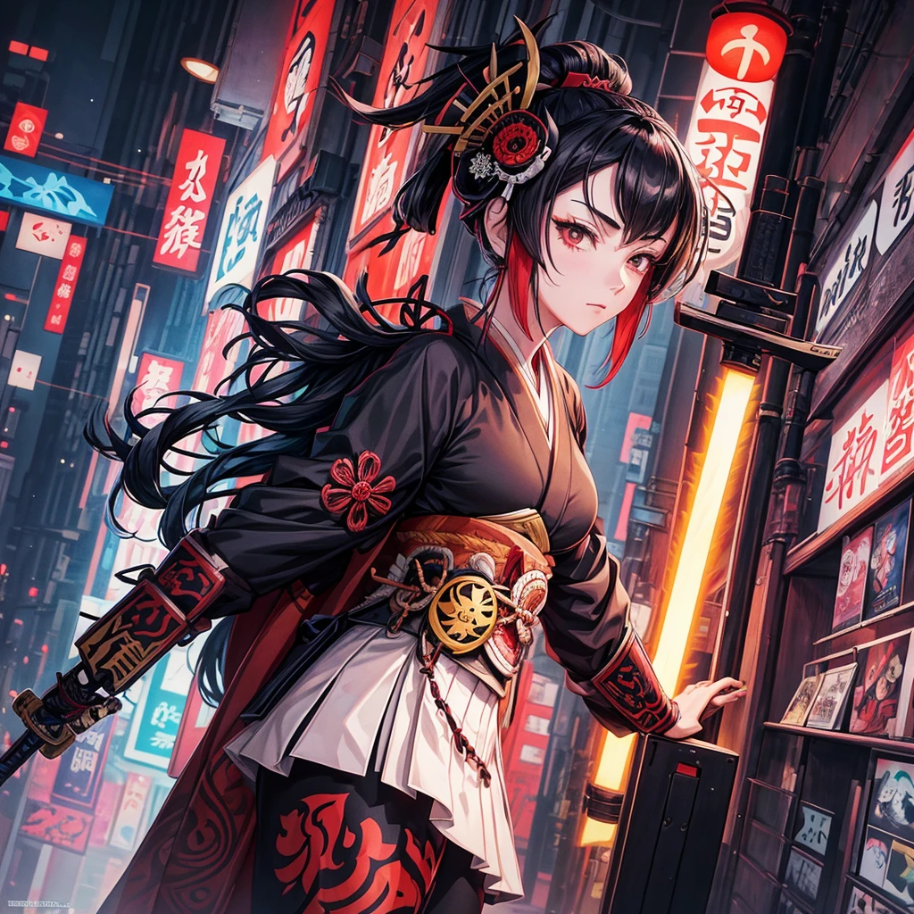 Logo of a woman holding a mask and a sword in her hand, Vector art inspired by Kanō Hōgai, Trending on deviantart, Ukiyo-e, very beautiful Cyberpunk samurai, portrait of a Cyberpunk samurai, Cyberpunk samurai, Samurai with demon mask, Cyberpunk geisha, Female samurai, Japanese art style, Demon Samurai, Style Hydro 74, Demon Samurai mask