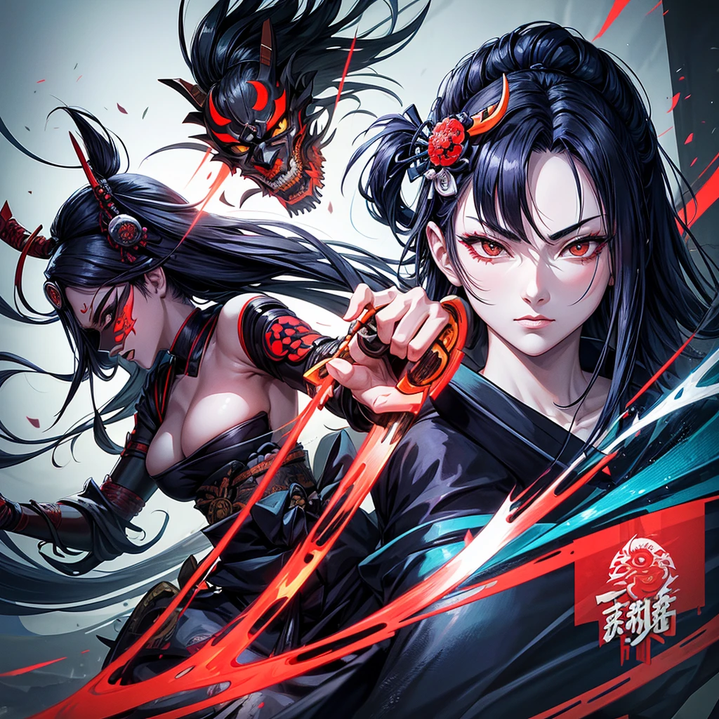 Logo of a woman holding a mask and a sword in her hand, Vector art inspired by Kanō Hōgai, Trending on deviantart, Ukiyo-e, very beautiful Cyberpunk samurai, portrait of a Cyberpunk samurai, Cyberpunk samurai, Samurai with demon mask, Cyberpunk geisha, Female samurai, Japanese art style, Demon Samurai, Style Hydro 74, Demon Samurai mask