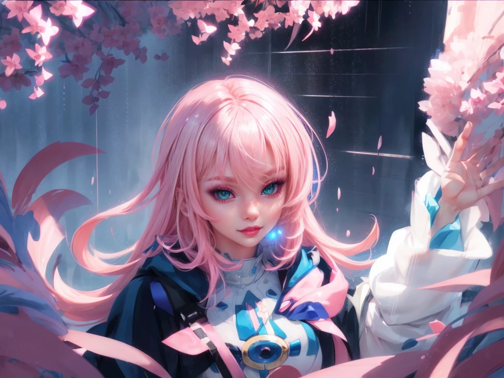 1girl, close-up, anime, pink hair, blue eyes, rain, highly detailed, exquisite, masterpiece, photorealistic, 8k, ultra-detailed, sharp focus, physically-based rendering, extreme detail, professional, vivid colors, portrait, anime style, digital art, Ilya Kuvshinov style