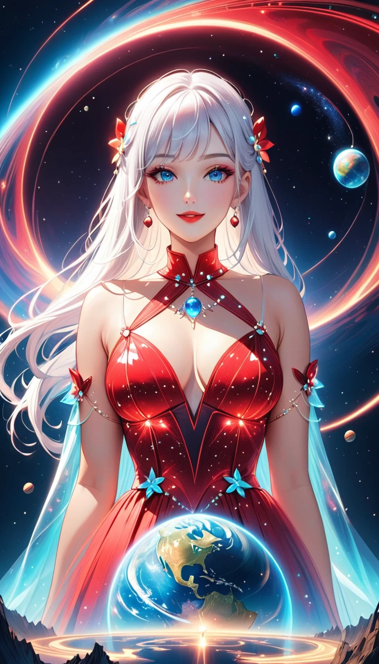 1girl,solo,portrait display,long hair, looking at viewer, smile, blue eyes, hair ornament, white background, jewelry, white hair, closed mouth,red lips,bioluminescent dress,looking below,Planet,giantess,jvdaniang,planet size,outer space,floating,Upper Body