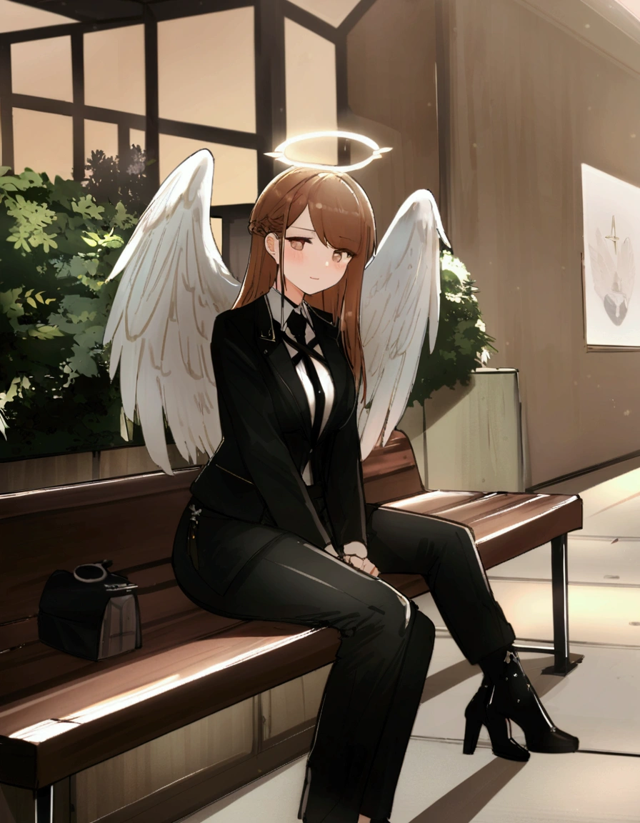(brown hair swept bangs:1.3), there is a woman sitting on a bench with an angel wings on her head, angel-themed, wearing angel, angel themed, full - body majestic angel, dark angel of coffee, ellie bamber fairy, angel girl, wearing angel halo, jovana rikalo, inspired by Marie Angel, inspired by Glòria Muñoz, from girls frontline, fine details. girls frontline, girls frontline universe, girls frontline style, girls frontline, girls frontline cg, yayoi kasuma, female protagonist 👀