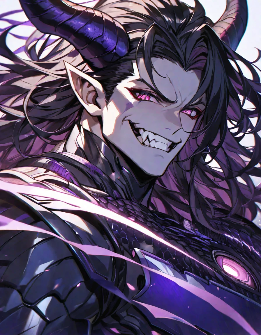 One, good looking, 1 person, Sporty body, V-shaped body, Detailed armor in black with purple glittering details, black demon horns, Long Hair, Black Hair, Reddish purple color of reptile eyes, Purple thread, Black light,Muscular boy,Wicked Smile