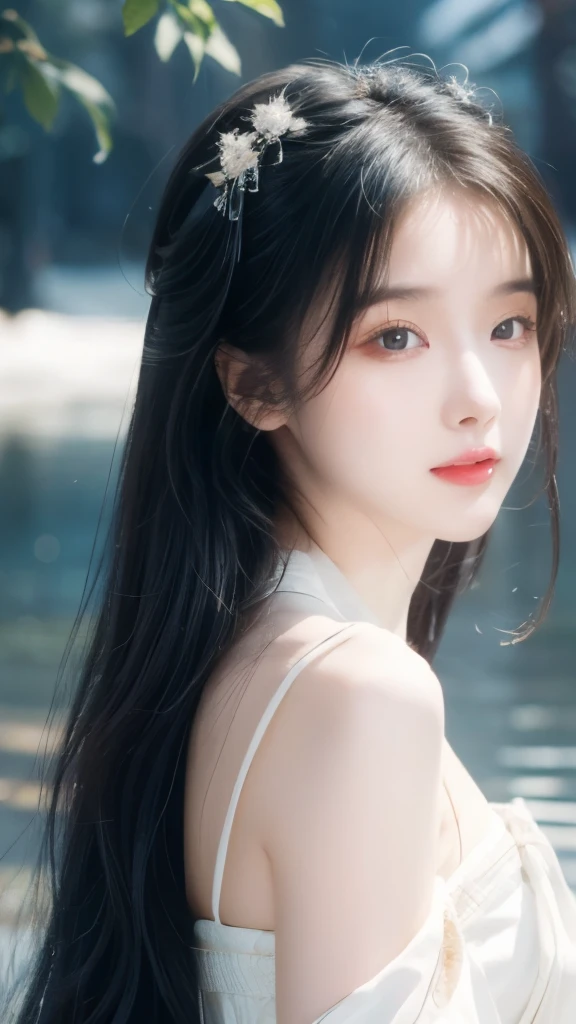 masterpiece, best quality, Official Art, 8k wallpaper, Very detailed, illustration, 1 girl, Long hair, Exquisite eyes, Bare shoulders, Hanfu, lake, pure, Gentle smile,Skin as white as snow，Exquisite facial features，Especially the bright eyes。Her face shape is usually oval，Ancient Chinese beauties，Gorgeous makeup，Hanfu