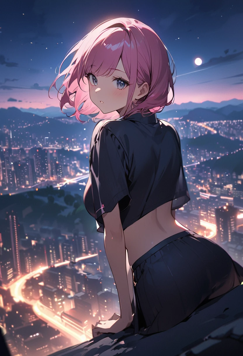 bleach ,ghost in the shell ,samurai champoo art style, Dark skin, black woman ,dark tone, curly hair afro ,thick , naked , half sexy armor lingerie,big booty , big boobs,anime girl looking out at the city at night, in Detroit cyberpunk night rooftop,in a high rise all glass condo ,set in Detroit rooftop, overlooking a modern cyberpunk Detroit city, Detroit cyberpunk, on future Detroit Michigan night rooftop, on rooftop Detroit night, anime cyberpunk art