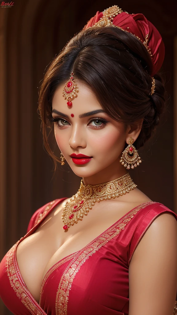 perfect pink eyes, fantastic face, Indian, beautiful look, ((red lips, bright eyes, curve heir 1.5)), ((beautiful details very big breast )), (Straight round and ultra huge clevage, not sagging breast), A glorious gorgeous, glorious gorgeous face, pretty face, bright eyes, detailed elegant printed red saree, updo elegant hair, blurred gray tones background, ultra focus, face ilumined, face detailed, 8k resolution, painted, dry brush, brush strokes, razumov style and garmash style, by Tokaito, ((Full Open ))