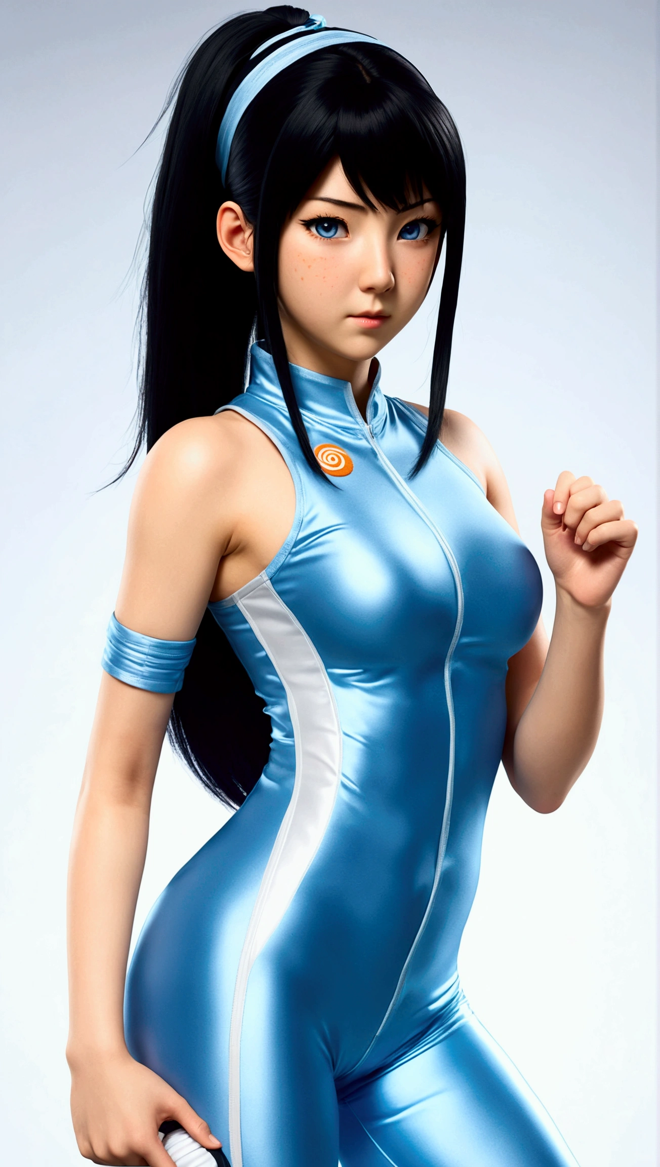((best quality)), ((masterpiece)), (detailed), 1girl, (Masterpiece, UHD, extremely high quality, hyper-realistic, photorealistic, ultrarealistic:1.5), ((((Hinata Hyuga from Naruto, depicted in a sleek, ultra-realistic spandex fitness jumpsuit from Hirogato:1.4)))), (toned physique, black hair, piercing blue eyes:1.4), (transparent satin jumpsuit that clung to her curves, highlighting her defined muscles:1.4), (digitally rendered portrait with cinematic, photo shoot quality:1.3), (shot on a 25mm lens with depth of field, blur tilt, shutter speed 1/1000, f/22, and white balance:1.3), (32k, super resolution, Pro Photo RGB:1.4), (half backlight, dramatic lighting, incandescent, soft lighting, volumetric effects:1.3), (post-processing and post-production incorporating CGI, VFX, SFX, global illumination, screen space reflections, diffraction rating, chromatic aberration, GB shift, scan lines, ambient occlusion, anti-aliasing, FKAA, TXAA, RTX, SSAO:1.4), (incredibly detailed, intricate, hyper-maximalist portrayal of Hinata's strength and beauty:1.5), (ultrarealism, ultradetailism, hyperrealism:1.4), (ultra detailed and perfect eyes, perfect waist:1.5).