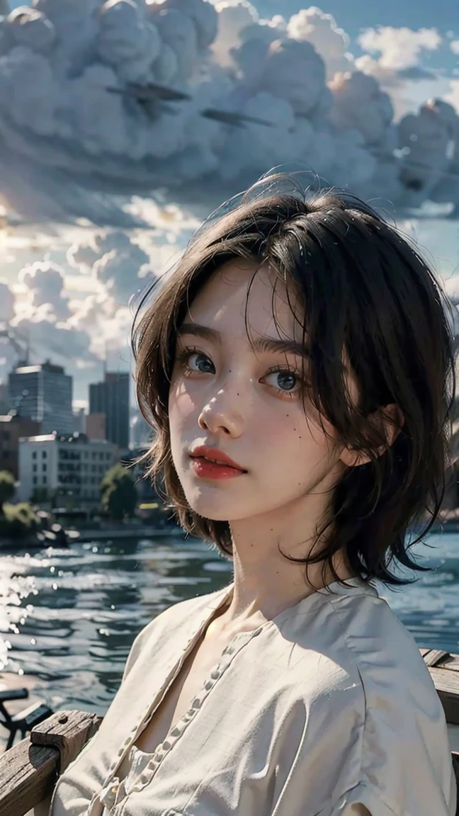 best quality, masterpiece, photo realistic, intricate details, raw photo, photon rendering, octane render, absurdres, ultra detailed, detailed face, detailed skin, trending on artstation,8k masterpiece,cinematic lighting, scenery, scenery, no humans, cityscape, sky, city, cloud, outdoors, building, sunset, city lights, bridge, river, tree, roadn, artist name,Short bob hair,