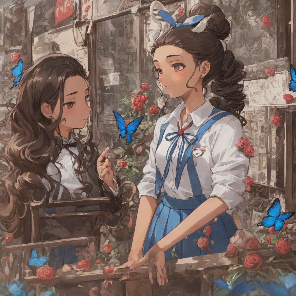 Brownish black hair, Iris, Fair skin, Attractive facial features, expensive, Confidence and strength, high school girl, school uniform, Curly Hair, Hair Bun, With hairpin, Red Rose, Blue Butterfly, White Rabbit, signboard, Official Quality, mysterious, Light and shadow, Correct Proportions, aesthetics, The world of sweets