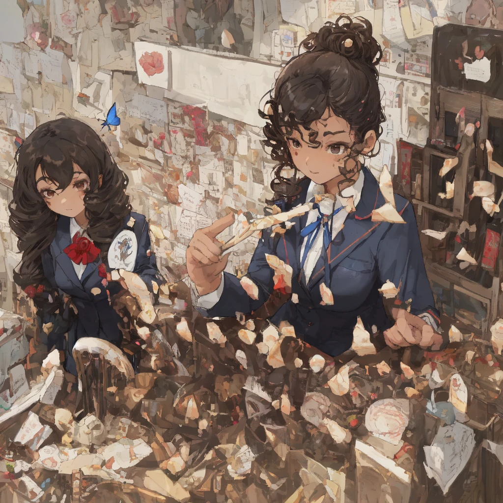 Brownish black hair, Iris, Fair skin, Attractive facial features, expensive, Confidence and strength, high school girl, school uniform, Curly Hair, Hair Bun, With hairpin, Red Rose, Blue Butterfly, White Rabbit, signboard, Official Quality, mysterious, Light and shadow, Correct Proportions, aesthetics, The world of sweets