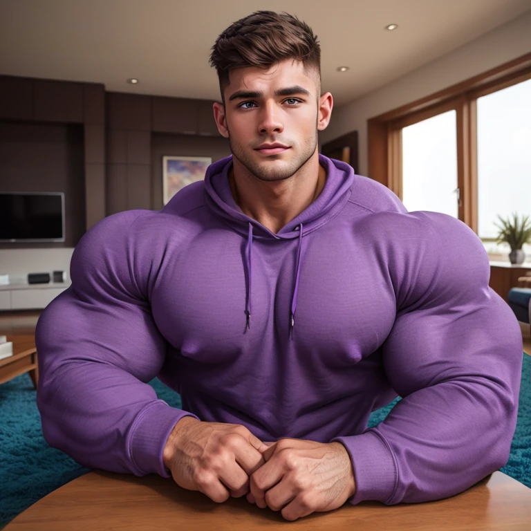 a very handsome young man, mid fade haircut, with massively large muscles, massively muscular, wearing a simple purple sweatshirt with long sleeves, in a living room