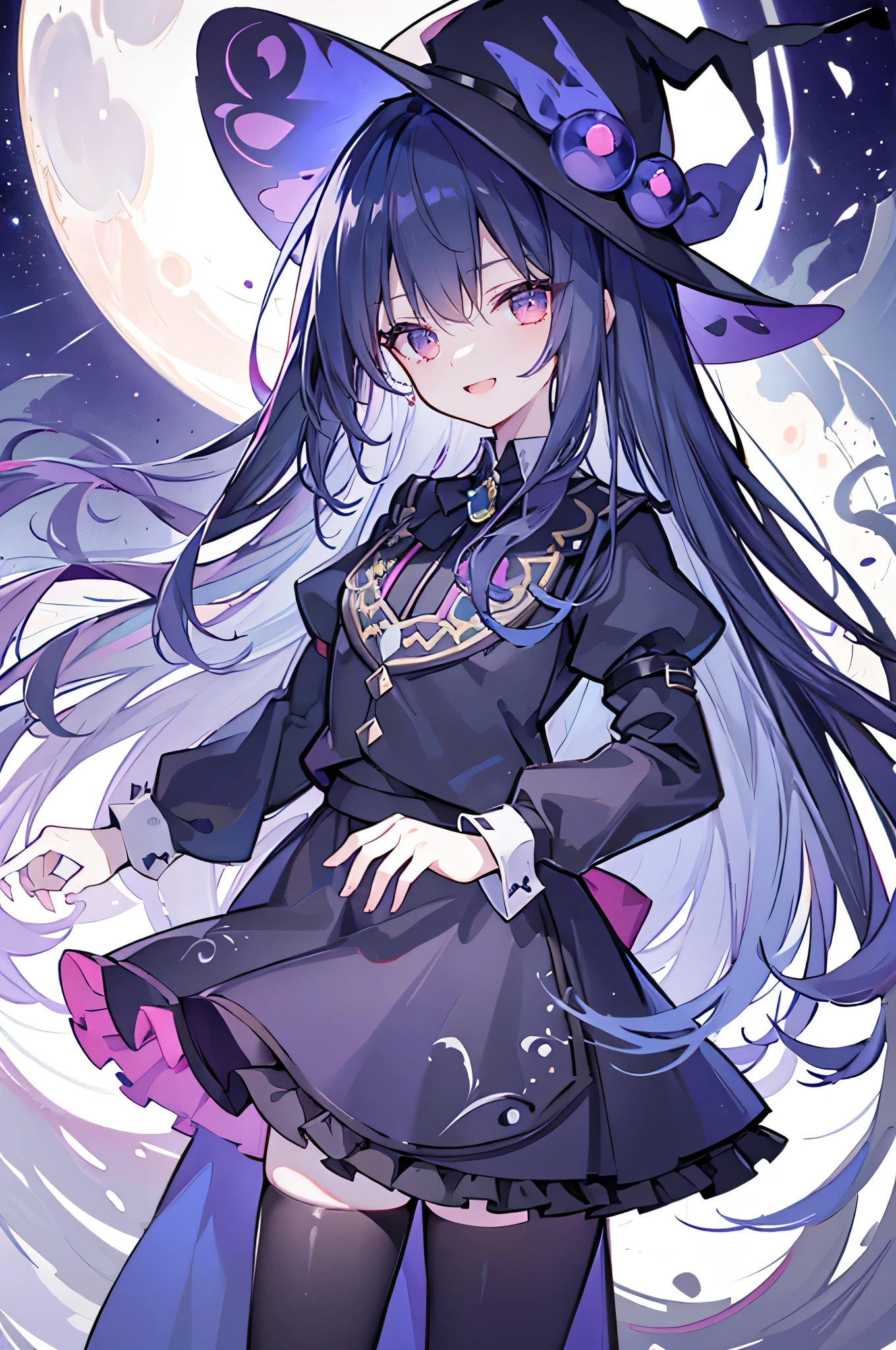 oung Girls,Humanity,A magician always smiles,big witch hat,cute,dark blue long hair,The eyes are dull,The bangs are heavy,Thin eyebrows,fantasy,intake,Double teeth,Star Theme,Constellation pattern,Solid color clothetal decoration,cloak,A bit of a dark atmosphere,A little crazy smile,When the big moon shines outside at night,blood,Hair black star embellishment,Short tie,No nails,High waist skirt,Bell sleeves,Long-sleeved shirt,Black tie,low risk,gentlemen。Mist、Yellow and white effect，Shocking pink as an accent color