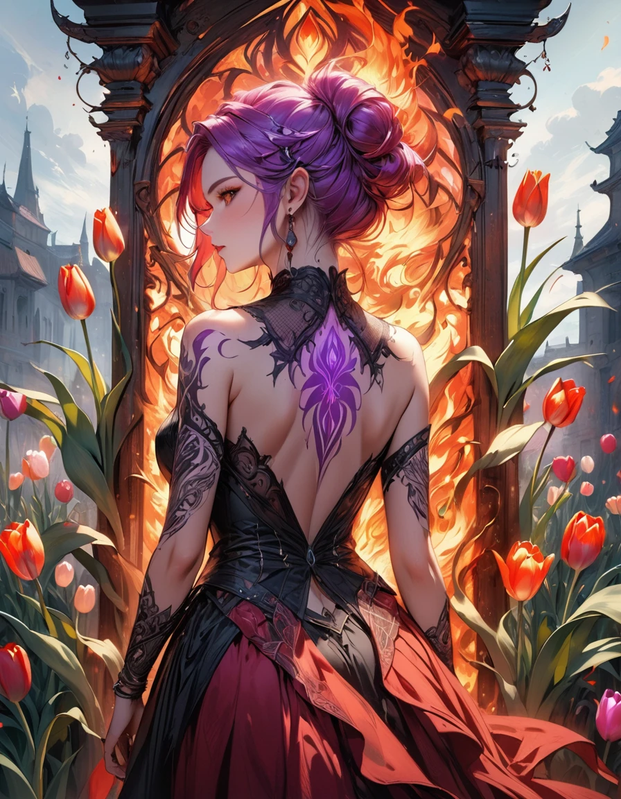 Arafed, Dark fantasy art, fantasy art, goth art, a picture of a tattoo of a tulip on the back of a female elf, a glowing tattoo of a ((tulip: 1.3)) on the elf's back, the ((tulip tattoo: 1.3)) is vivid, intricate detailed,  GlowingRunesAI_purple, ((fire surrounds the tulip: 1.5)), shot taken from the back, ((the back is visible: 1.3), she wears a transparent red dress, the dress is elegant, flowing, elven style, that the tattoos glow, dynamic hair color, dynamic hair style,  vibrant, Ultra-high resolution, High Contrast, (masterpiece:1.5),  highest quality, Best aesthetics, best details, best quality, highres, 16k, (ultra detailed: 1.5), masterpiece, best quality, (extremely detailed) RAW, (ultra details, Masterpiece, best quality) faize, Digital Painting, *channel_42*