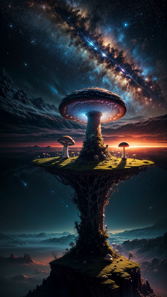 "Science fiction landscape, luminous ((mushrooms)), interstellar clouds, breathtaking colors, celestial bodies, futuristic atmosphere, (captivating composition), alien terrain, cosmic beauty,