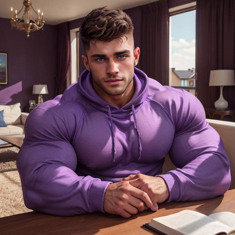 a very handsome young man, mid fade haircut, with massively large muscles, massively muscular, wearing a simple purple sweatshirt with long sleeves, in a living room