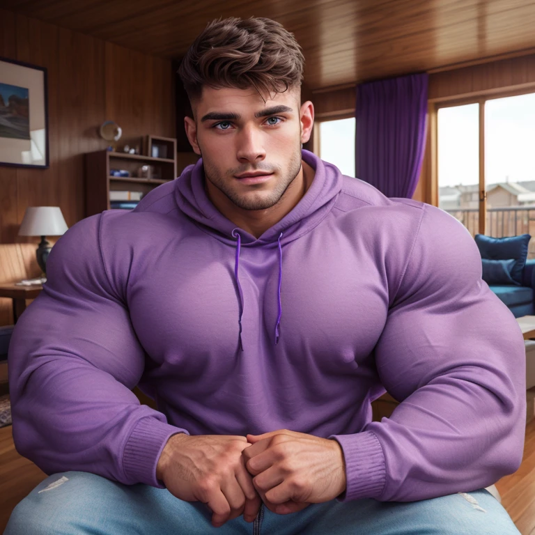 a very handsome young man, mid fade haircut, with massively large muscles, massively muscular, wearing a simple purple sweatshirt with long sleeves, in a living room