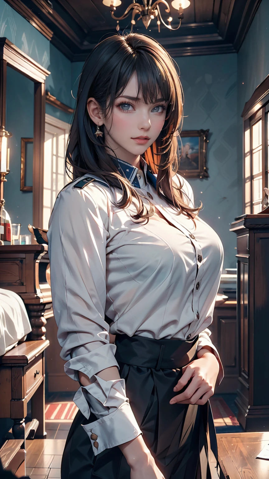 (Highest Resolution, clear_image), Highest quality, masterpiece, Very detailed, Semi-realistic, Woman with shoulder-length black hair, Dark Eyes, mature, mature woman, Imperial sister, sexy, short hair, Triple Van, Light blue uniform, Light blue uniform jacket, soldier, Light blue pleated skirt, uniform, Fighter Front, future, sf, universe、Sexy proportions、Narrow waist、Erotic female body、Saggy breasts、Big Breasts、Nipple swelling emphasis