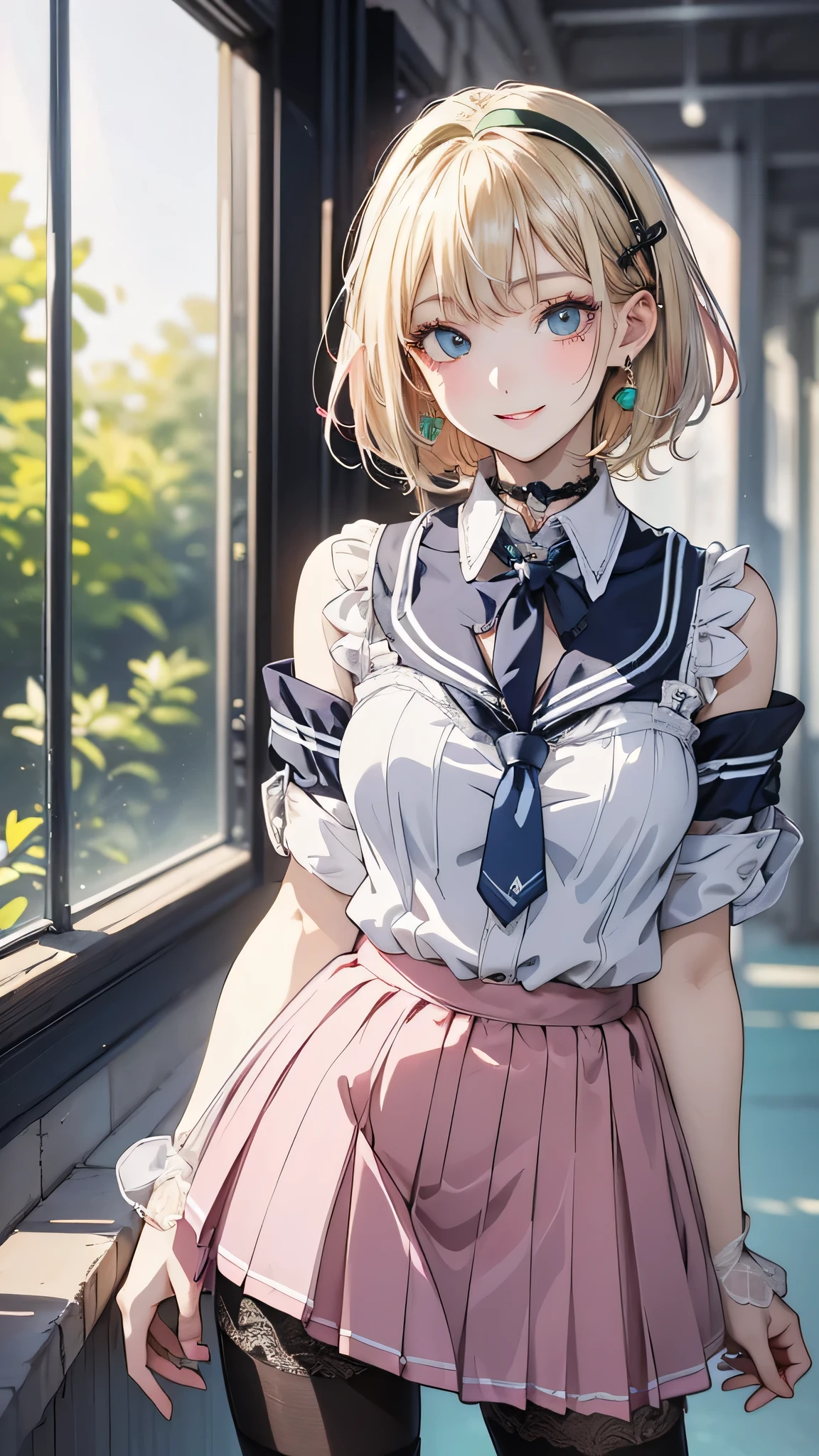 (masterpiece:1.5), (Medium breast), 1 girl, young woman, (beautiful girl:1.5), (Highly detailed and delicate anime faces and eyes:1.5), whole body, (Natural light, High resolution, Highly detailed CG:1.3), (Dynamic posture:1.3), {correct body anatomy},(Perfect hands:1.3), (Beautifully detailed face), (Beautiful attention to detail),Single Focus, (Slender and beautiful girl), Beautiful Lips, Thick lips, {Surreal}, {Correct posture}, {Detailed clothing}, {Bright Eyes}, (Cleavage: 1.3), {accessories}, {sexy}, {One person}, (school uniform: 1.5), High school student clothing, (Summer clothes: 1.5), blouse, Short skirt, (Short skirt: 1.3), (Thigh high pantyhose: 1.3), Black Pantyhose, blouse, Ribbon tie, Lace collar with tie, High heel boots, Earrings, necklace, hair band, Hair Clip, (A light smile: 1.3), Short Hair, (Two-tone hair: 1.5), (Blonde: 1.5), (Pink Hair: 1.3), (Green Hair: 1.2), (blue eyes: 1.3),