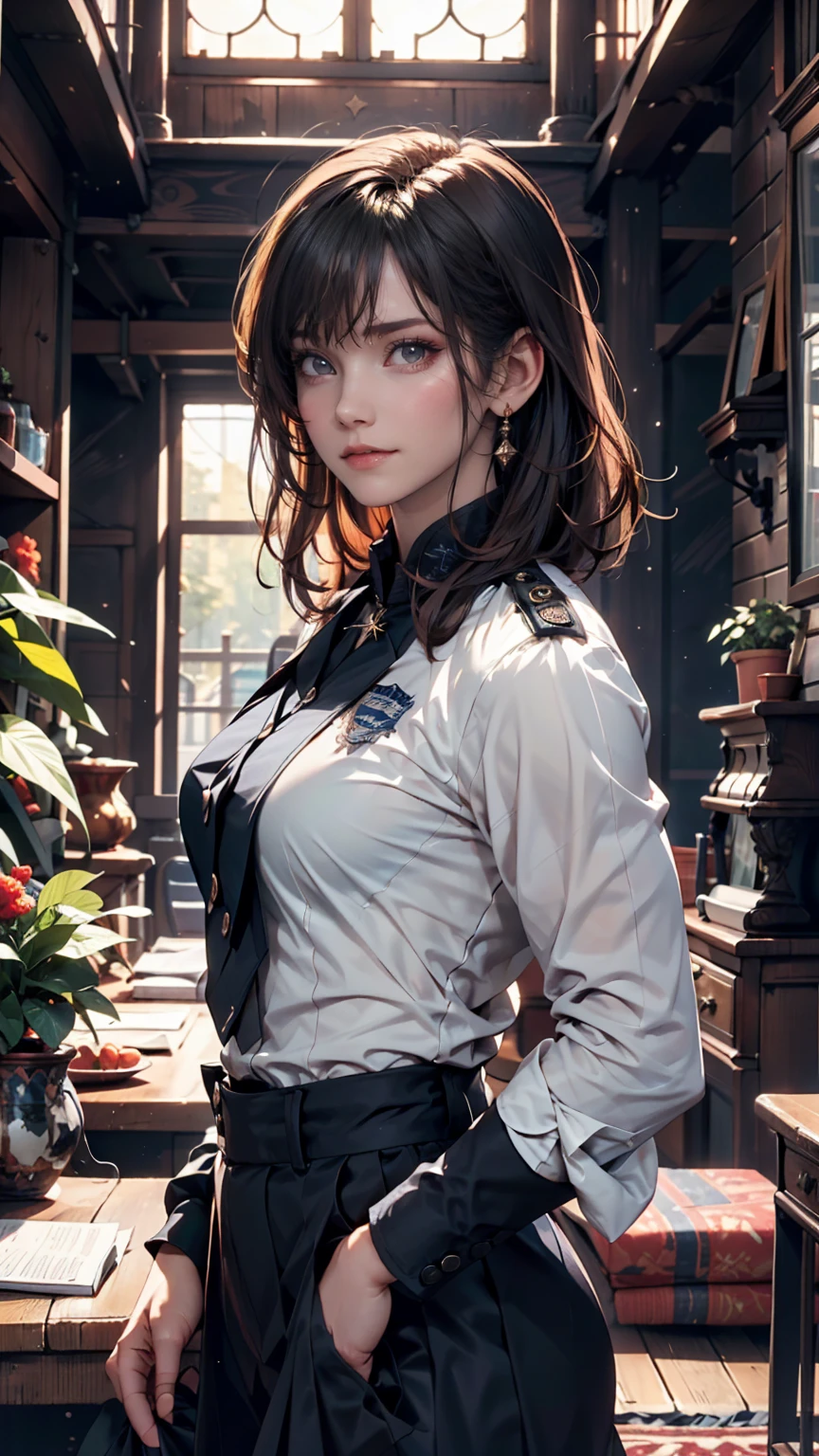 (Highest Resolution, clear_image) Highest quality, Single, One Woman, alone, masterpiece, Very detailed, Semi-realistic, Black short hair, Black Hair, bangs, 18-year-old, mature, light blue uniform, uniform, Indoor Background, kind, Authoritative, Powerful, Exquisite facial features, Exquisite facial features、Cowboy Shot