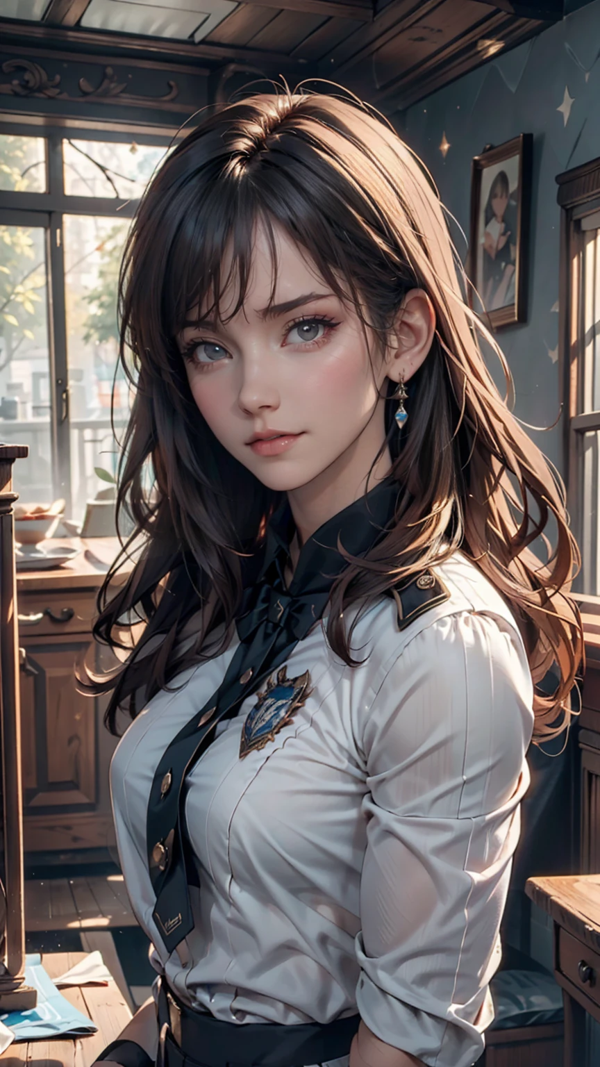 (Highest Resolution, clear_image) Highest quality, Single, One Woman, alone, masterpiece, Very detailed, Semi-realistic, Black short hair, Black Hair, bangs, 18-year-old, mature, light blue uniform, uniform, Indoor Background, kind, Authoritative, Powerful, Exquisite facial features, Exquisite facial features、Cowboy Shot