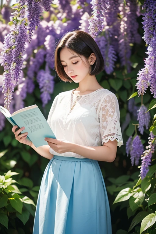 Beautiful woman standing under a wisteria trellis、20 years old、((Looking down))、((is reading a paperback book intently))、((short hair))、White blouse and light blue skirt、Backlight、Professional photography with attention to detail、Natural skin color